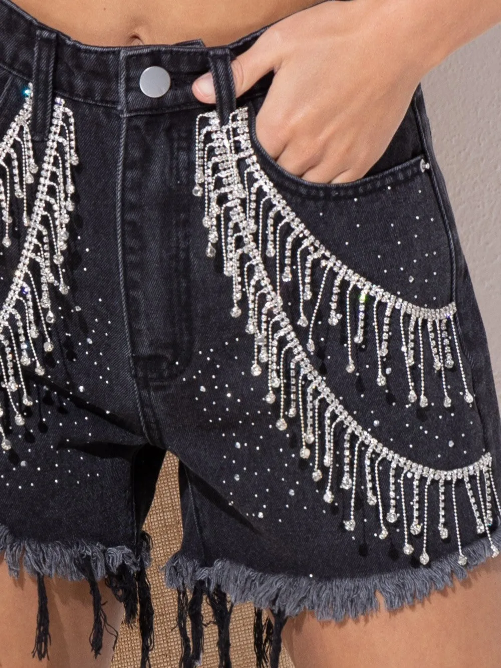 Stylish Denim Shorts with Rhinestone Fringe - Alabama Gem, Size 27