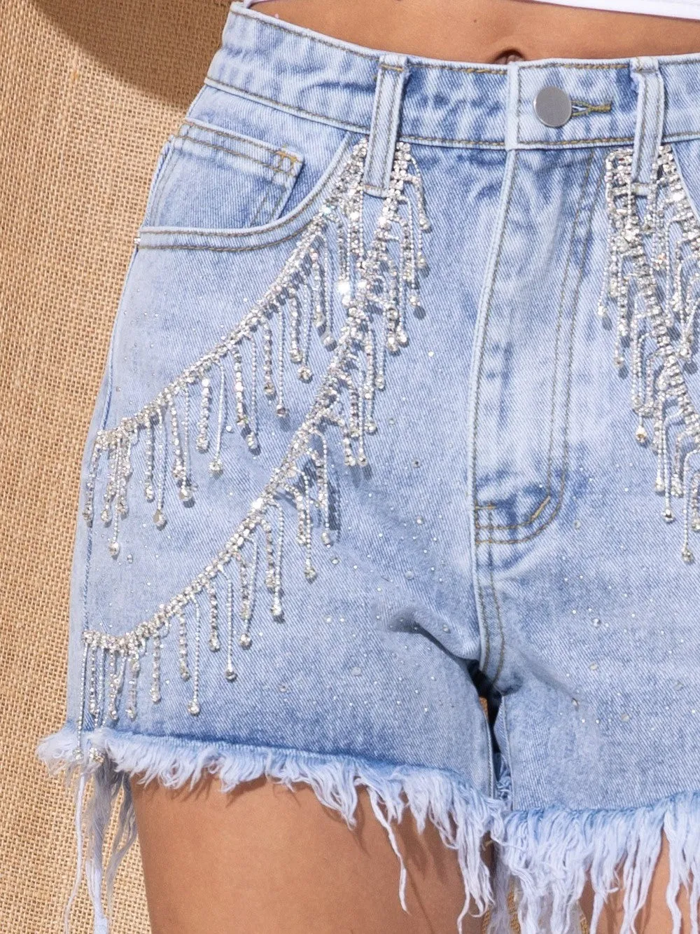 Stylish Denim Shorts with Rhinestone Fringe - Alabama Gem, Size 27