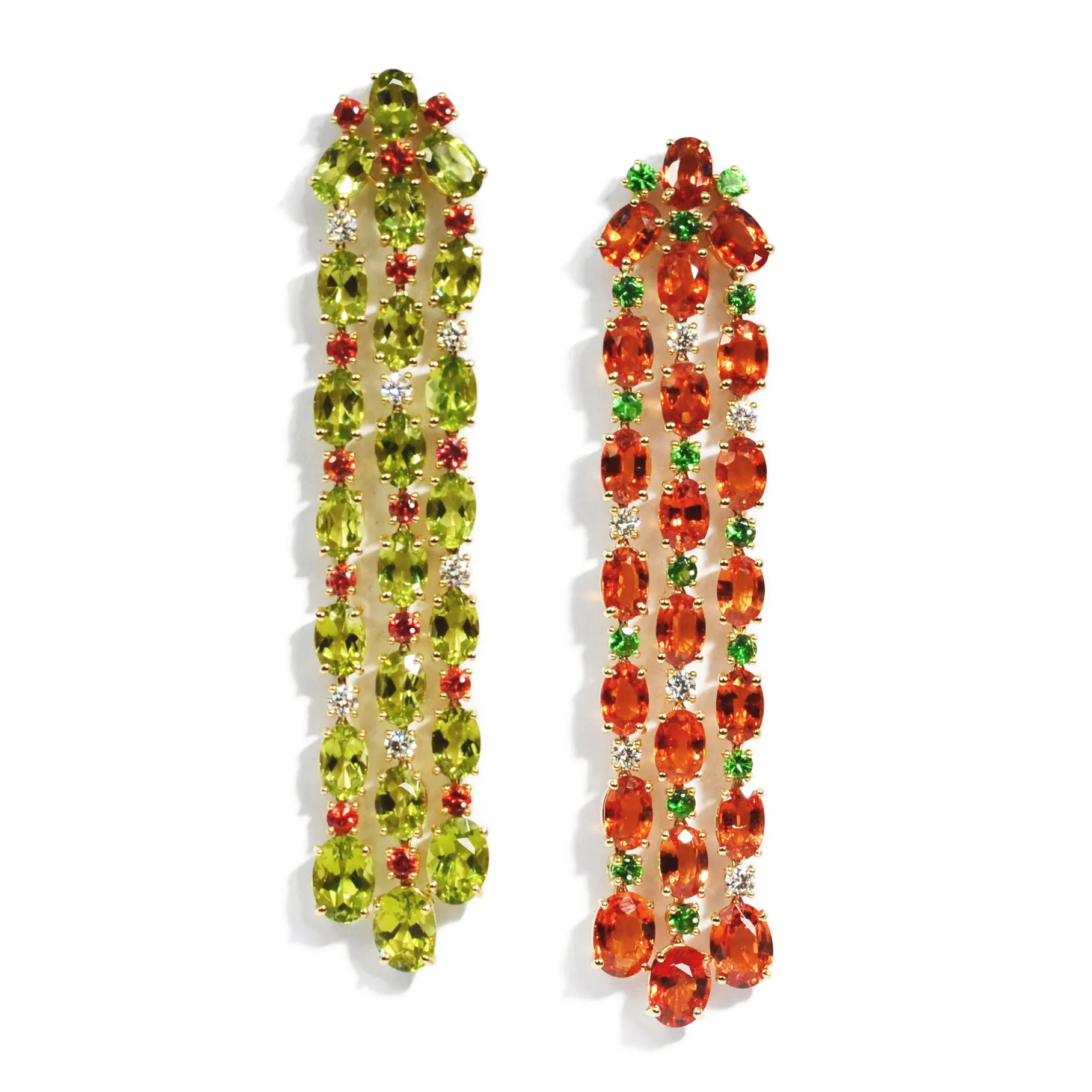 A & Furst - Nightlife - Mismatched Chandelier Earrings with Orange Sapphires, Peridot, Tsavorite and Diamonds, 18k Yellow Gold