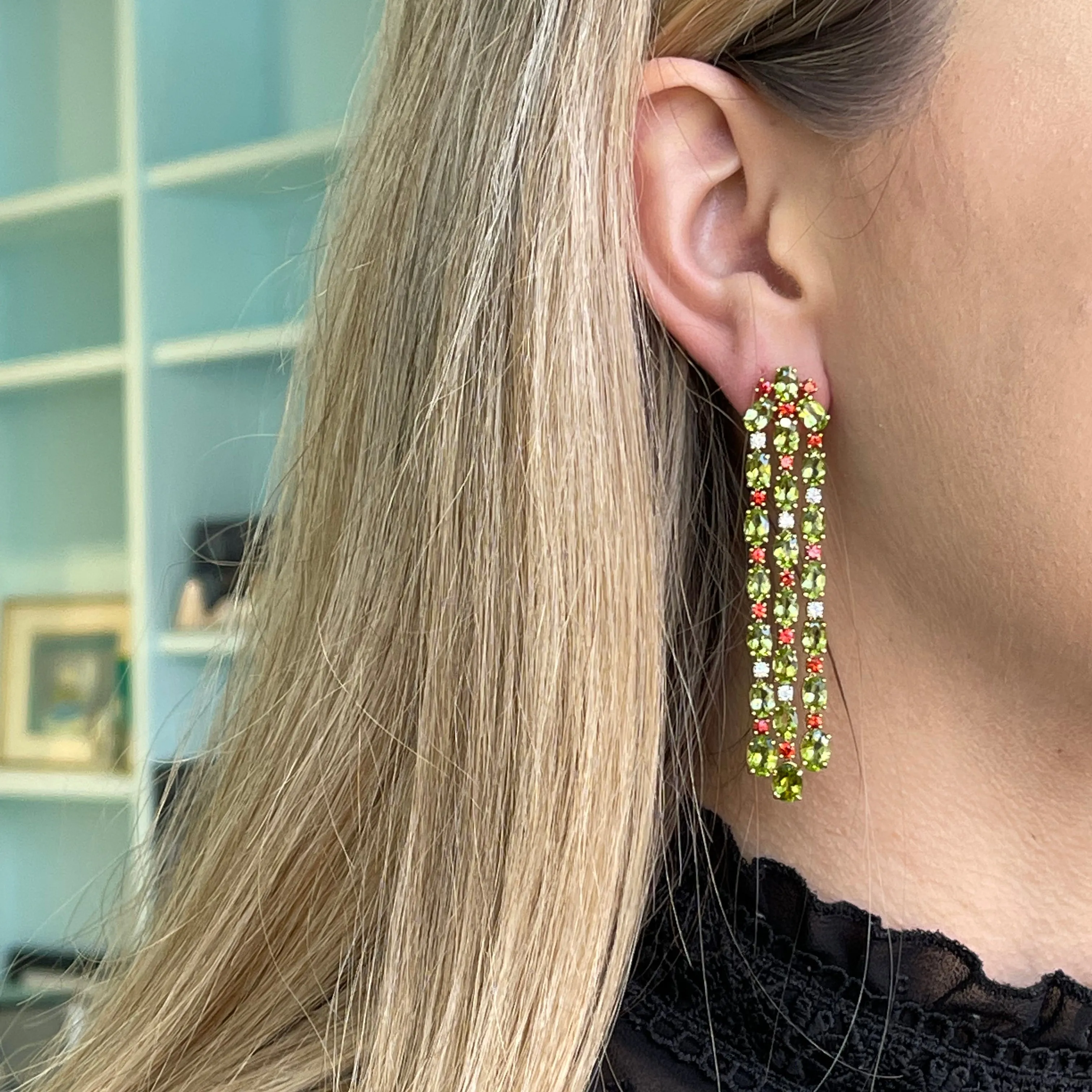 A & Furst - Nightlife - Mismatched Chandelier Earrings with Orange Sapphires, Peridot, Tsavorite and Diamonds, 18k Yellow Gold