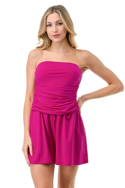 Ariella Ruched Romper w/ Pockets - Hot Pink