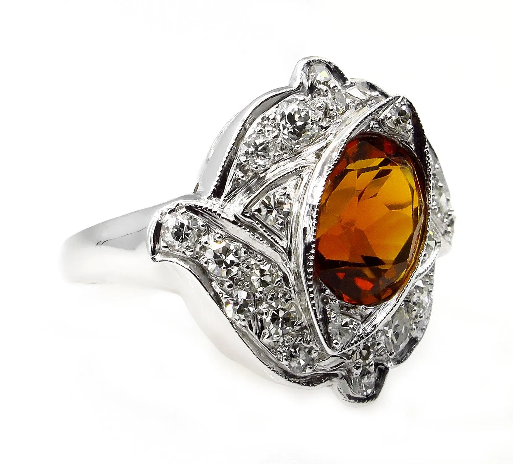 Art Deco 2.43ct Old European Antique Vintage Madeira Citrine and Diamond Platinum Ring