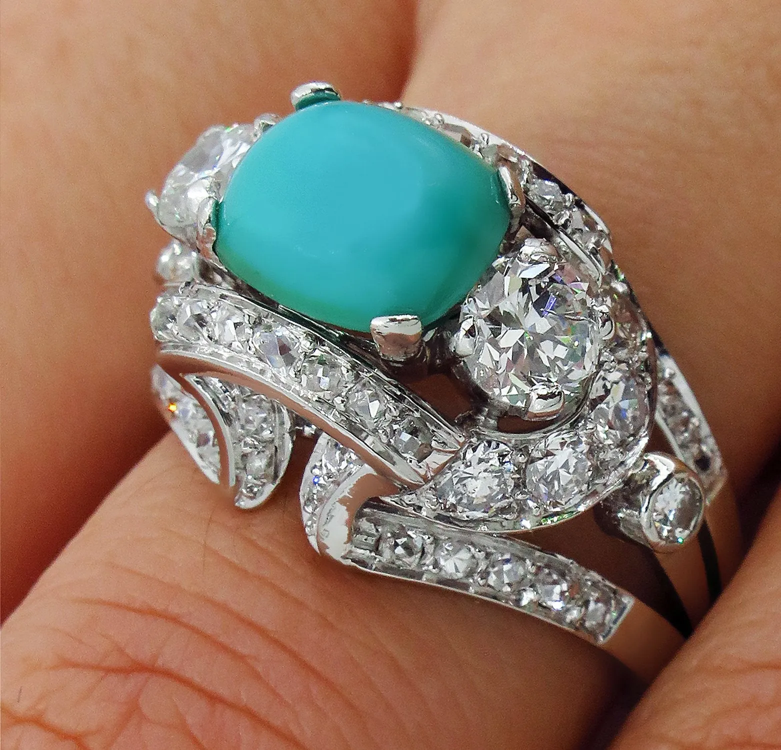 Art Deco 4.03ct Old European Diamond Turquoise Antique Vintage Platinum Ring