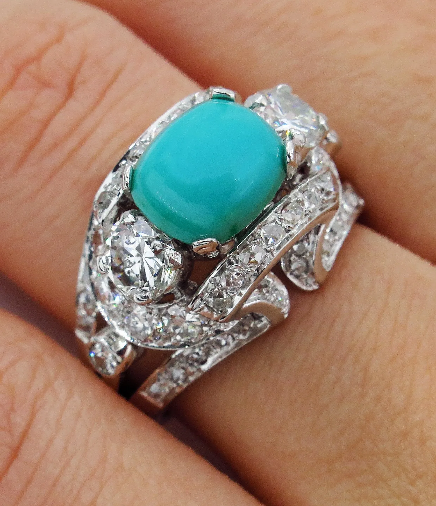 Art Deco 4.03ct Old European Diamond Turquoise Antique Vintage Platinum Ring