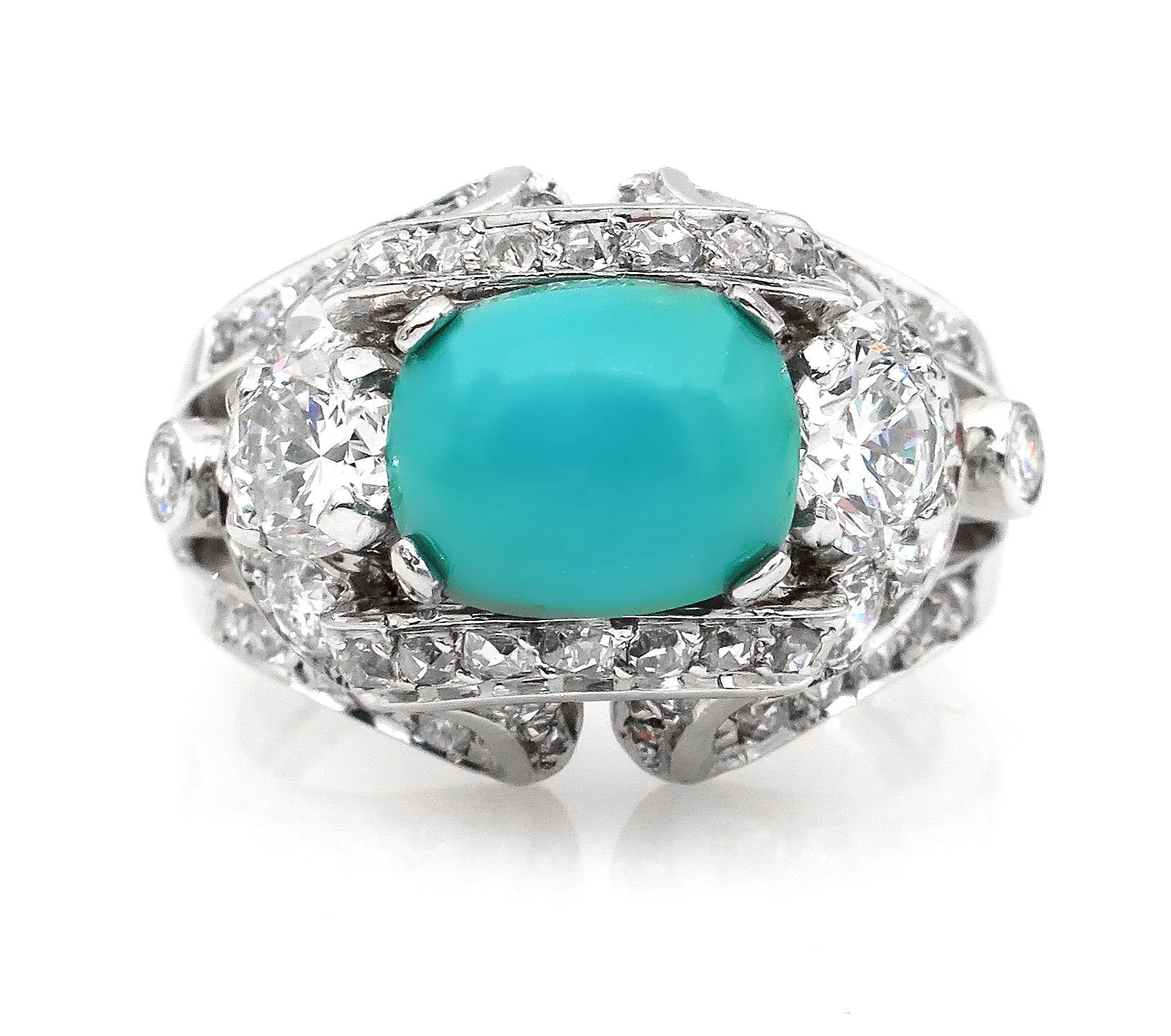 Art Deco 4.03ct Old European Diamond Turquoise Antique Vintage Platinum Ring