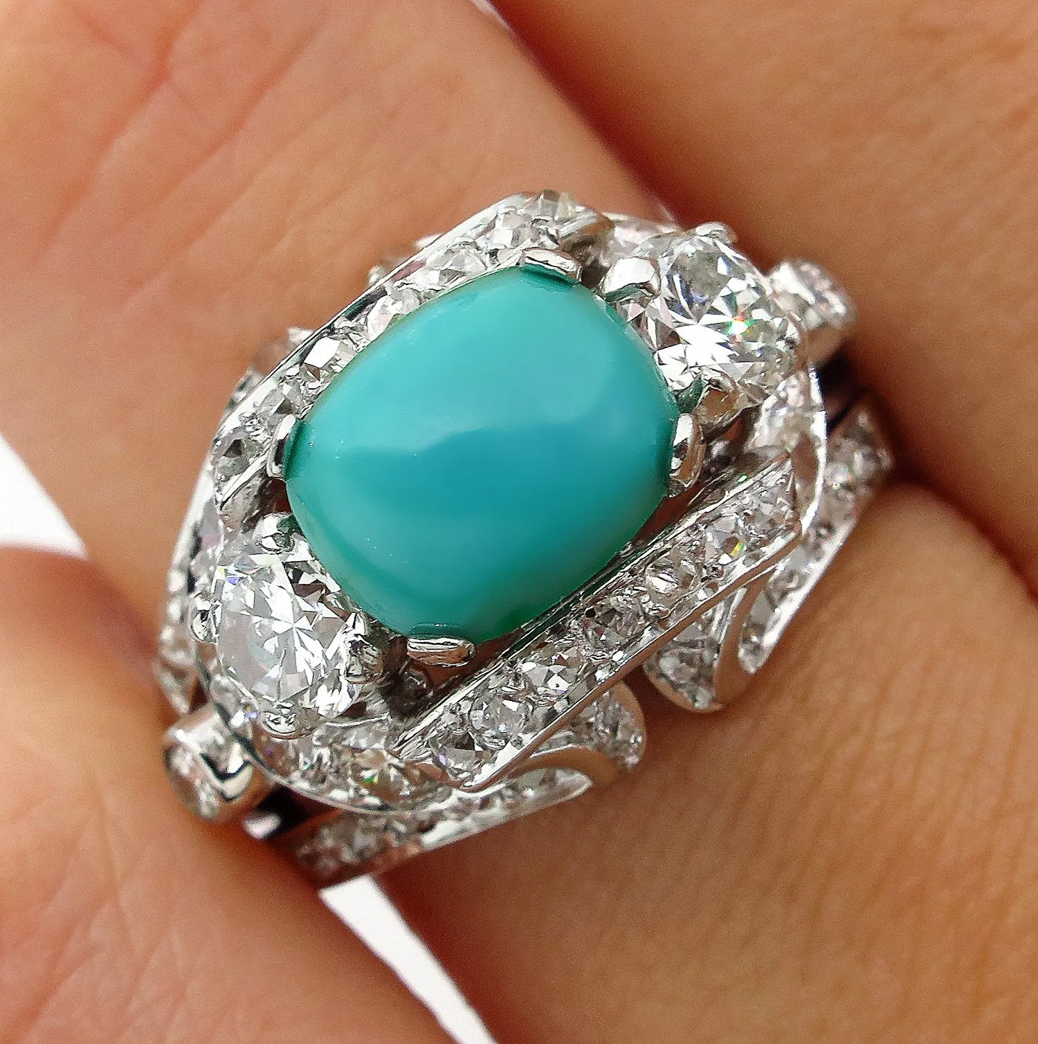 Art Deco 4.03ct Old European Diamond Turquoise Antique Vintage Platinum Ring