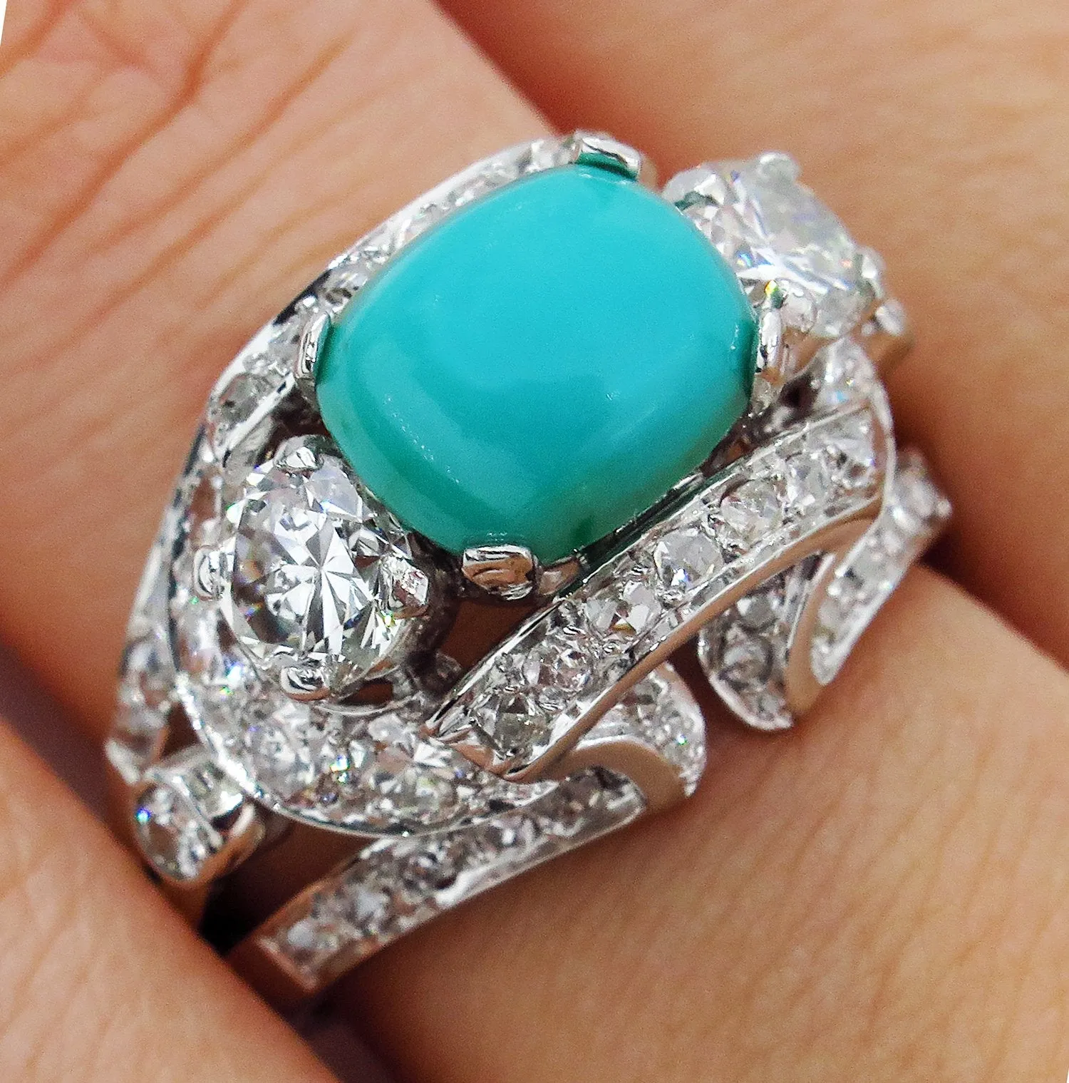 Art Deco 4.03ct Old European Diamond Turquoise Antique Vintage Platinum Ring