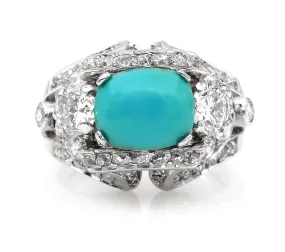 Art Deco 4.03ct Old European Diamond Turquoise Antique Vintage Platinum Ring