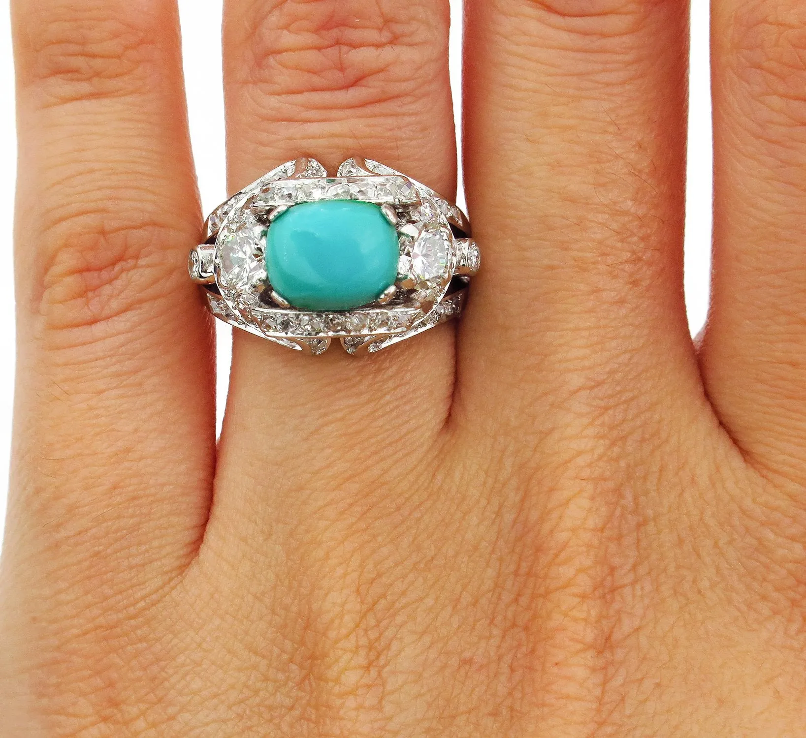 Art Deco 4.03ct Old European Diamond Turquoise Antique Vintage Platinum Ring