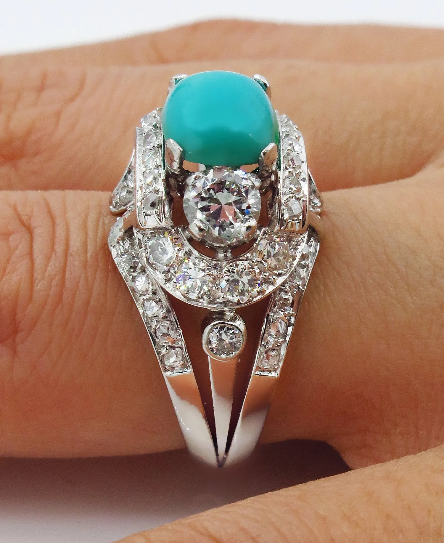 Art Deco 4.03ct Old European Diamond Turquoise Antique Vintage Platinum Ring