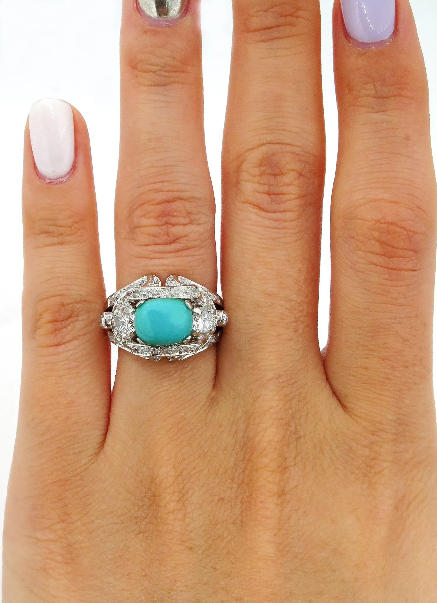 Art Deco 4.03ct Old European Diamond Turquoise Antique Vintage Platinum Ring