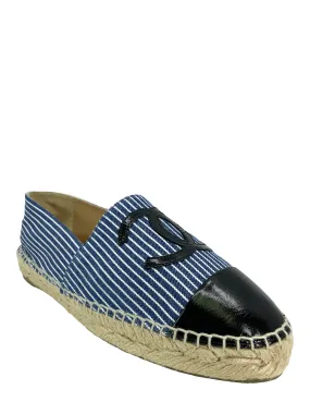 CHANEL Size 9 Striped Canvas and Patent Leather CC Espadrilles