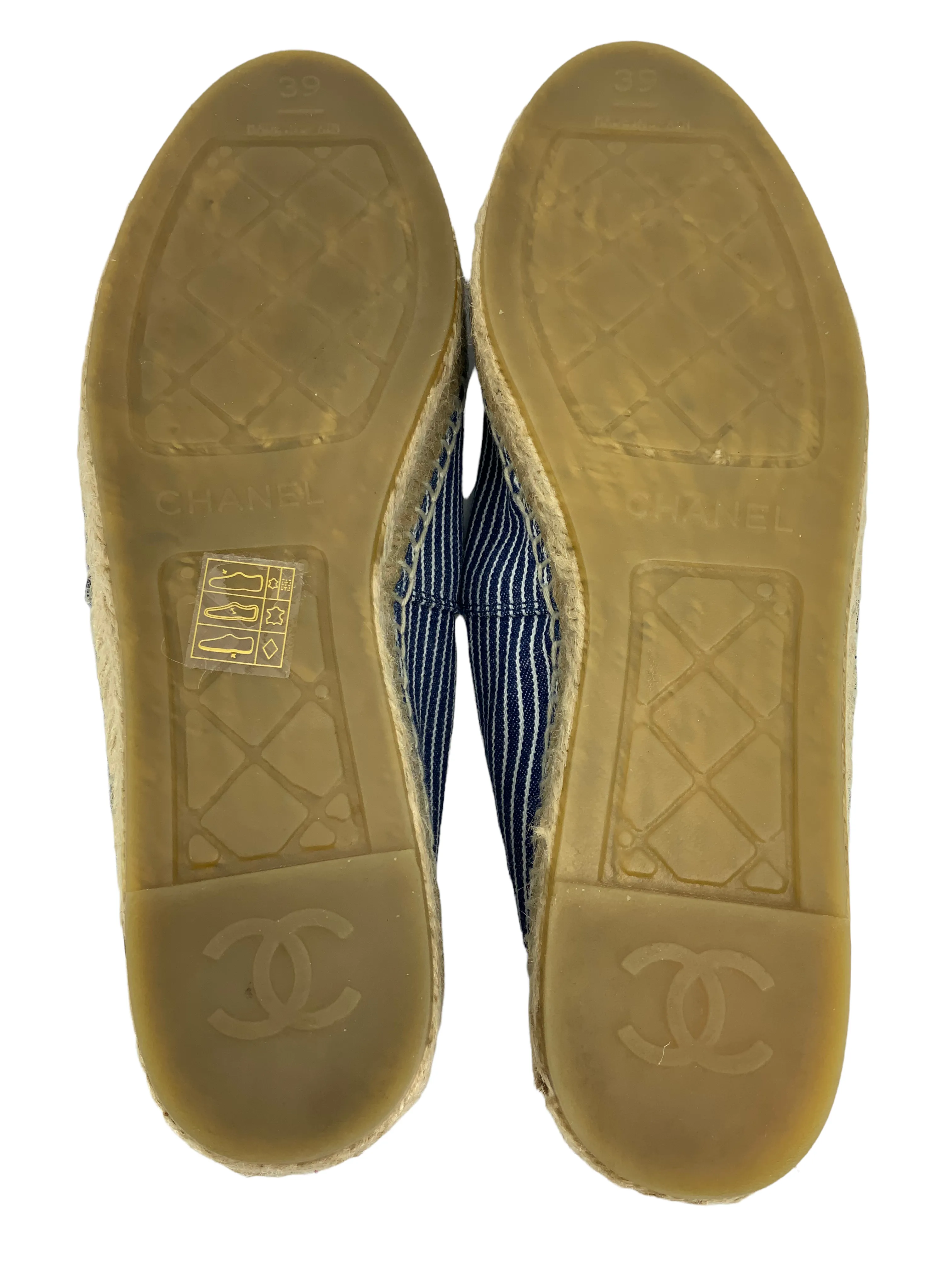 CHANEL Size 9 Striped Canvas and Patent Leather CC Espadrilles