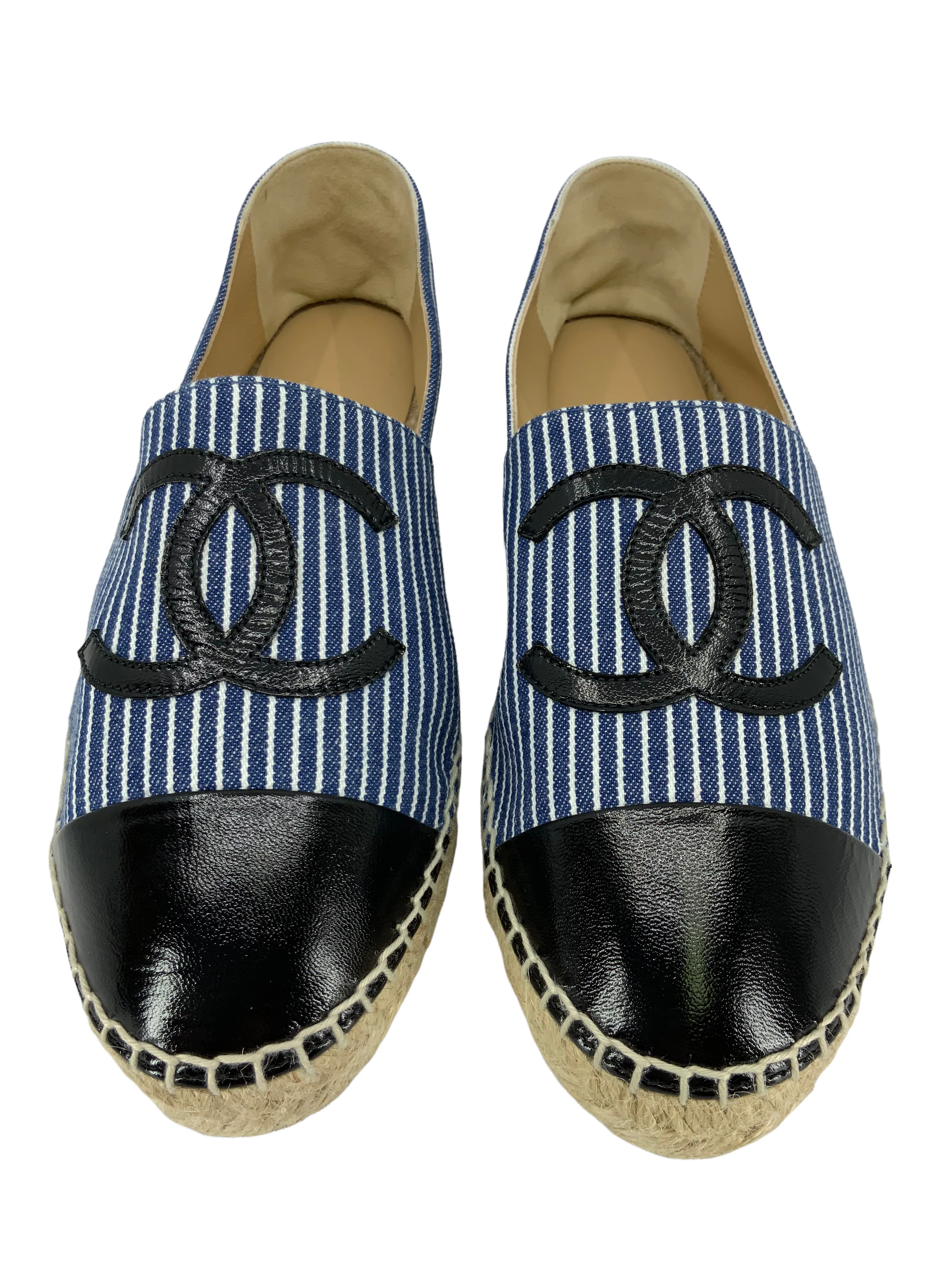 CHANEL Size 9 Striped Canvas and Patent Leather CC Espadrilles