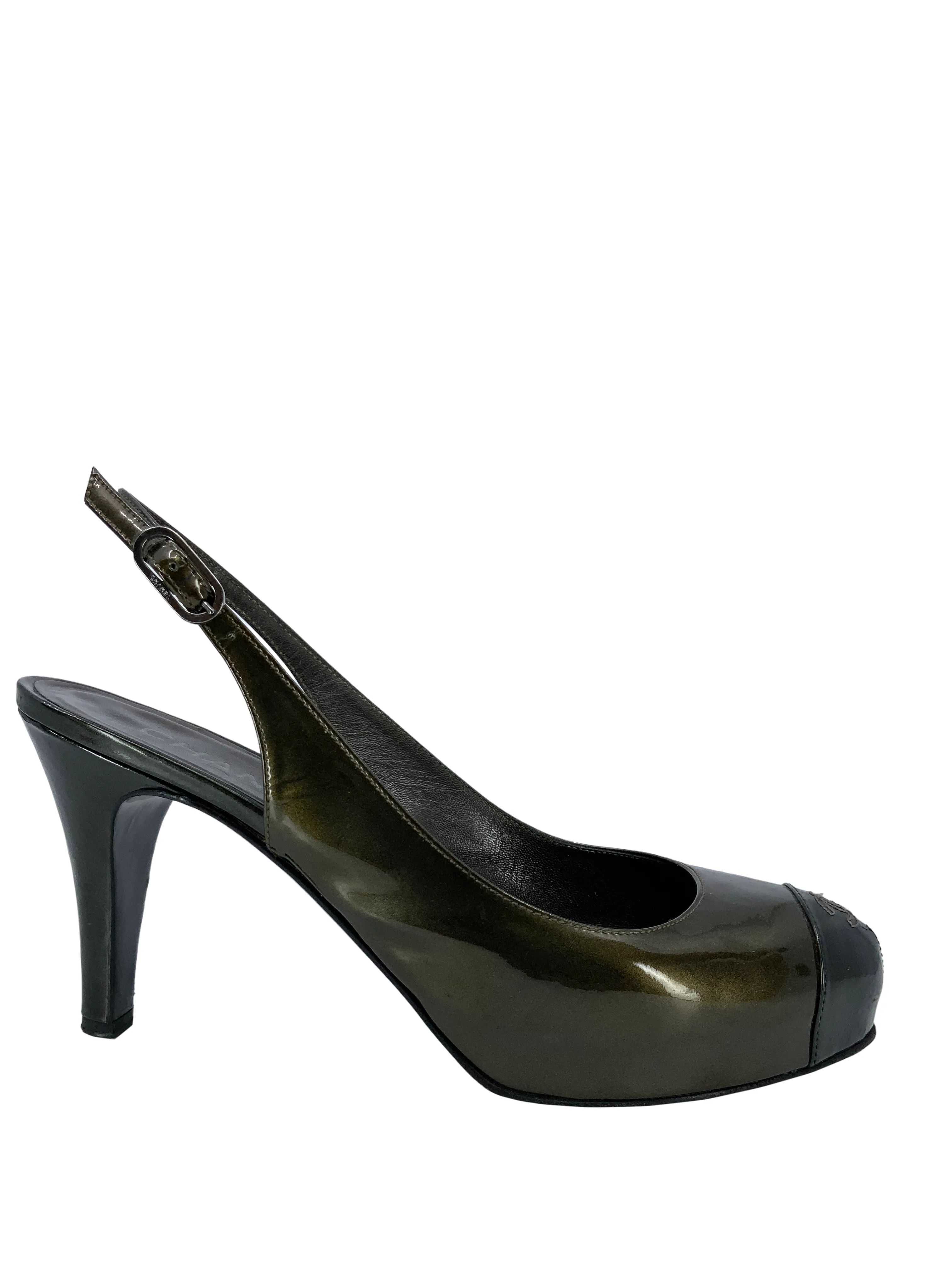 Chanel Patent Leather CC Logo Cap Toe Slingback Pumps Size 9