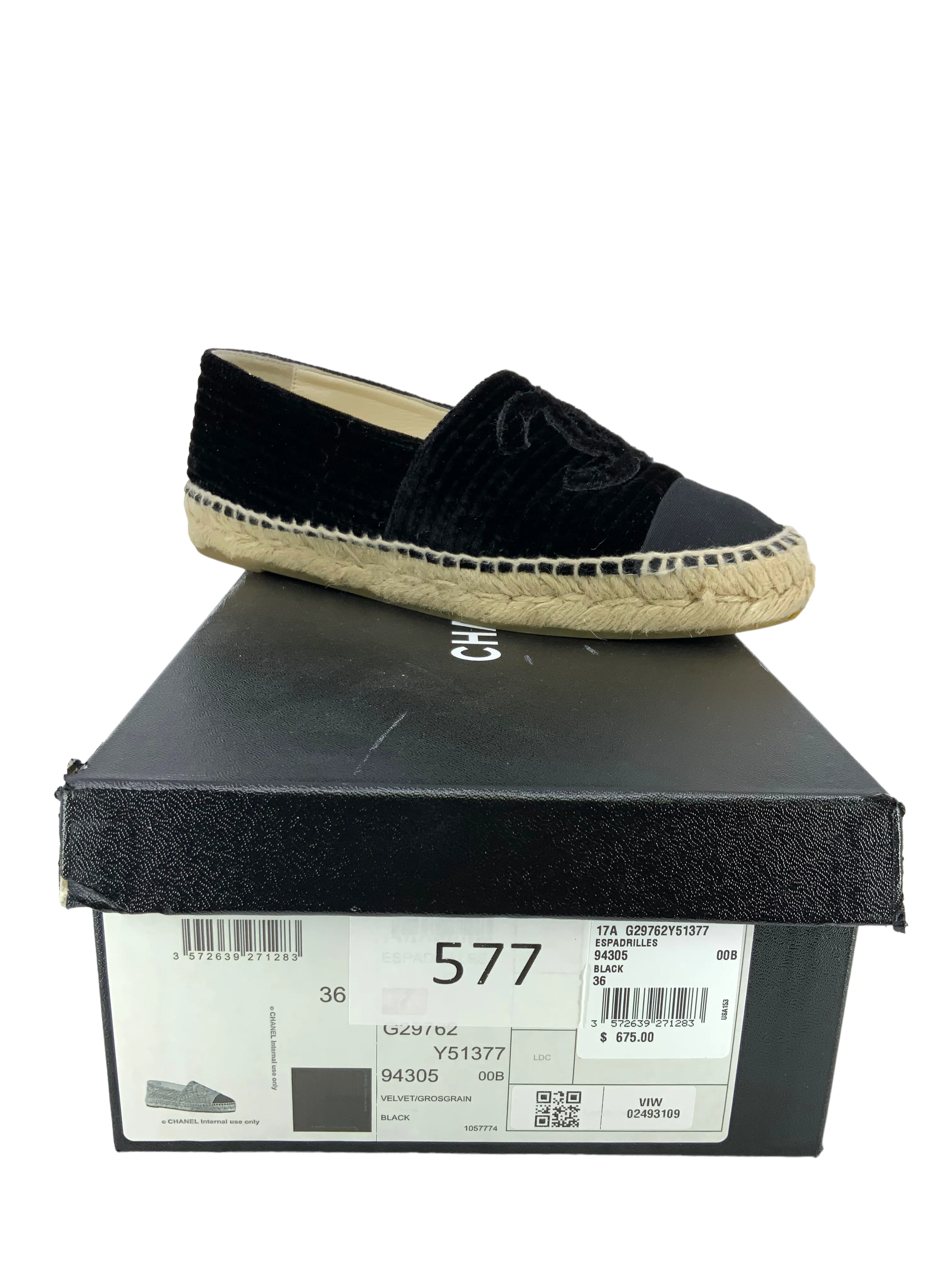 CHANEL Quilted Velvet CC Espadrilles Size 6