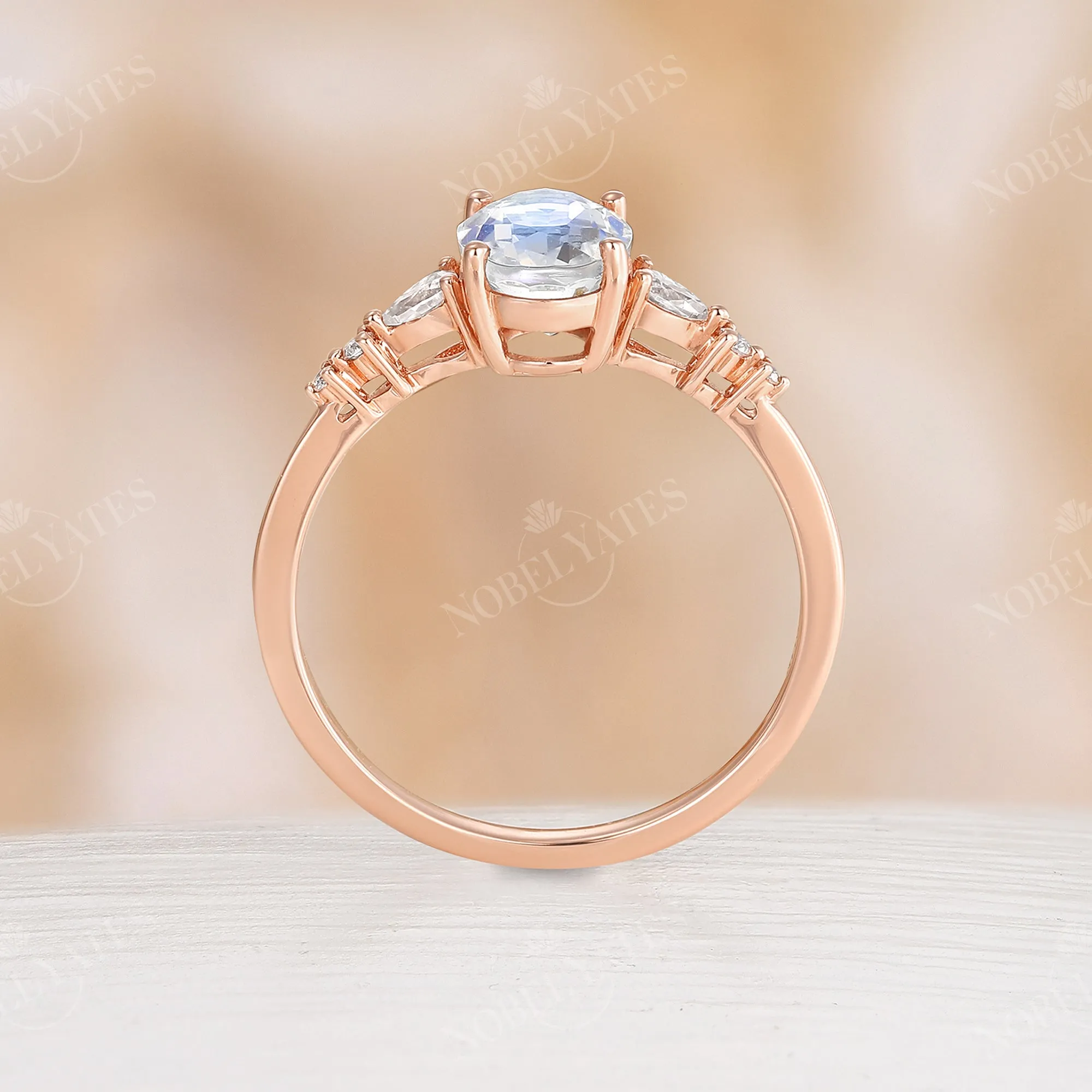 Classic Oval Blue Moonstone Moissanite Side Stone Engagement Ring