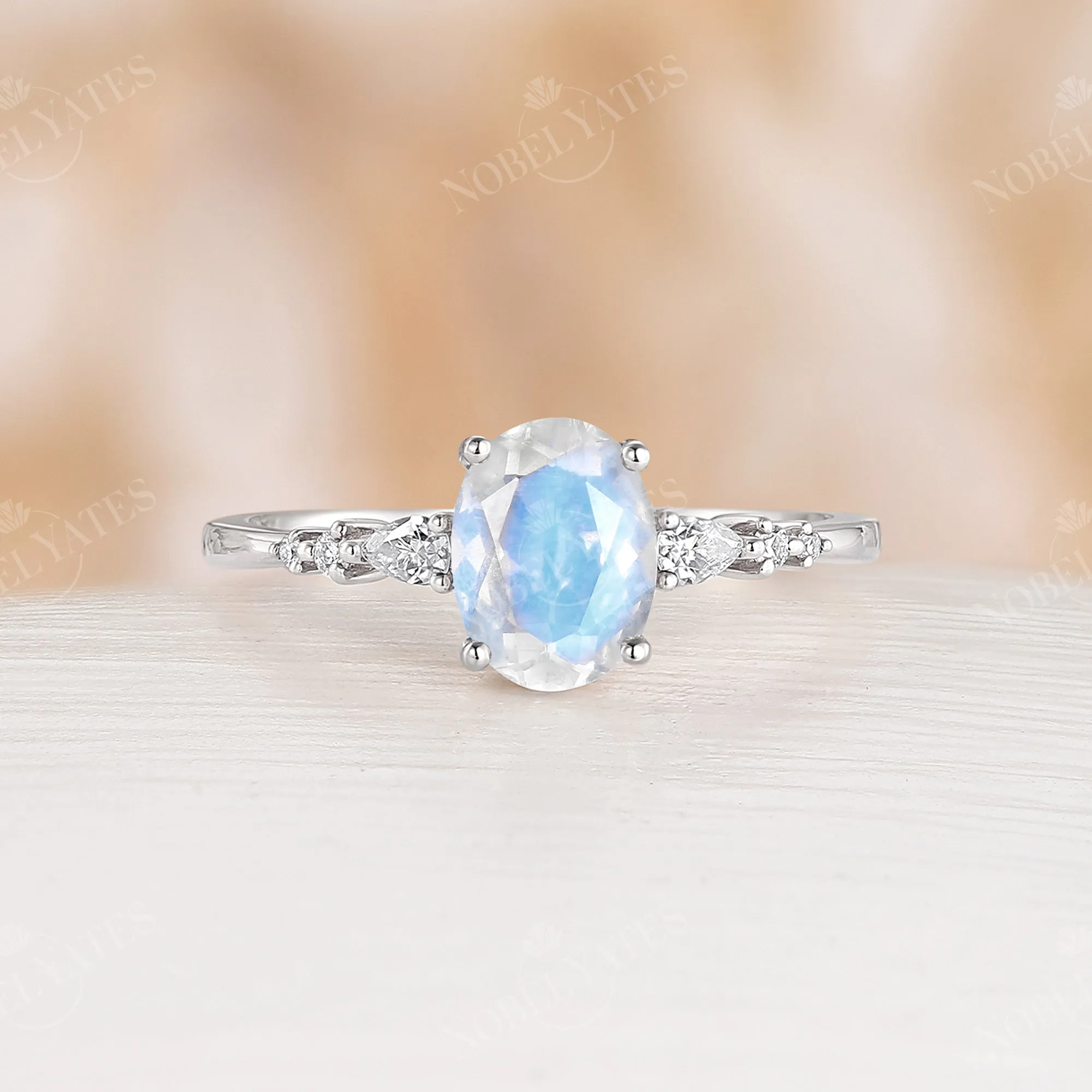 Classic Oval Blue Moonstone Moissanite Side Stone Engagement Ring