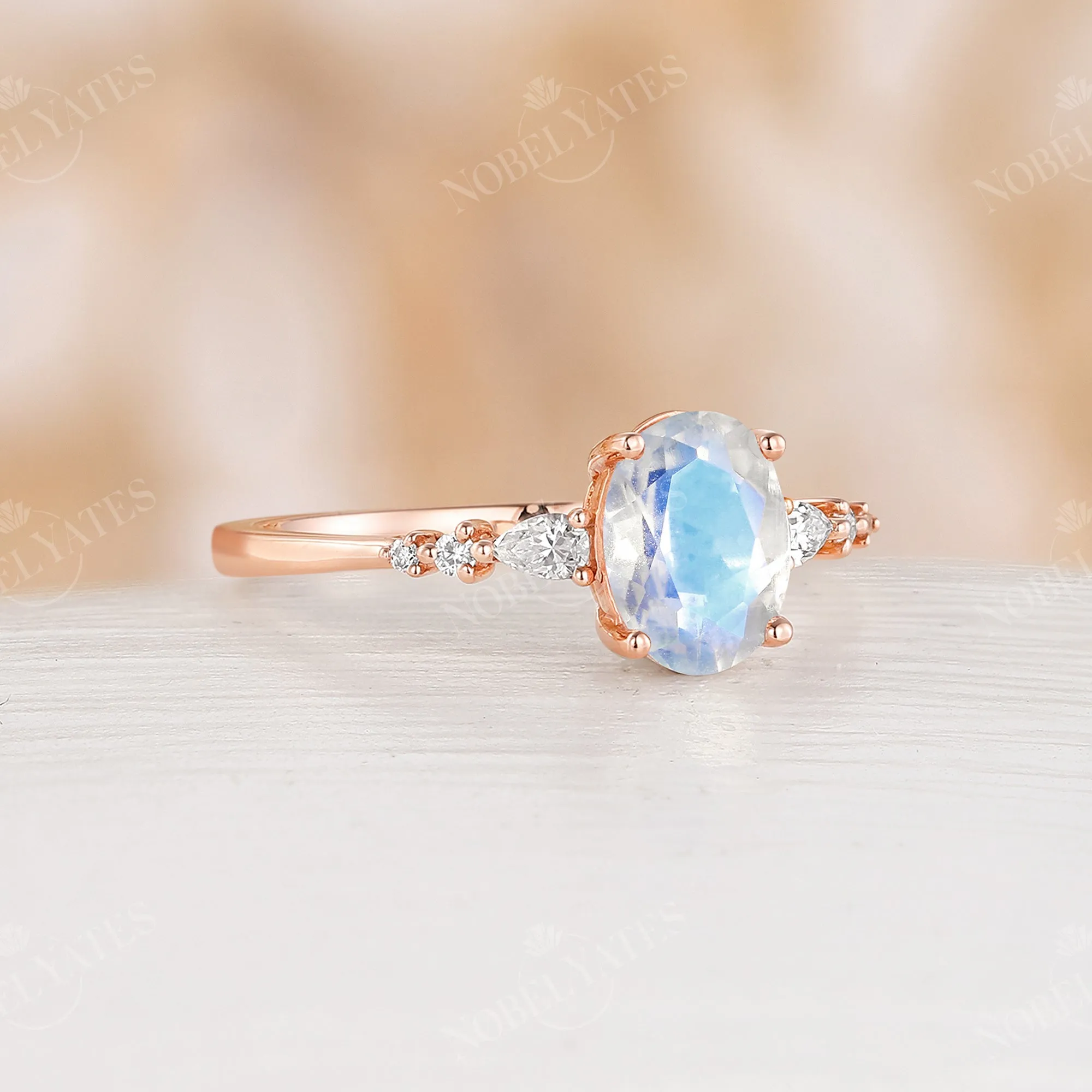 Classic Oval Blue Moonstone Moissanite Side Stone Engagement Ring