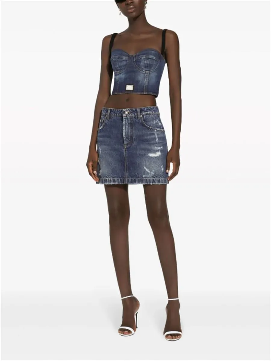 DISTRESSED-FINISH DENIM MINISKIRT