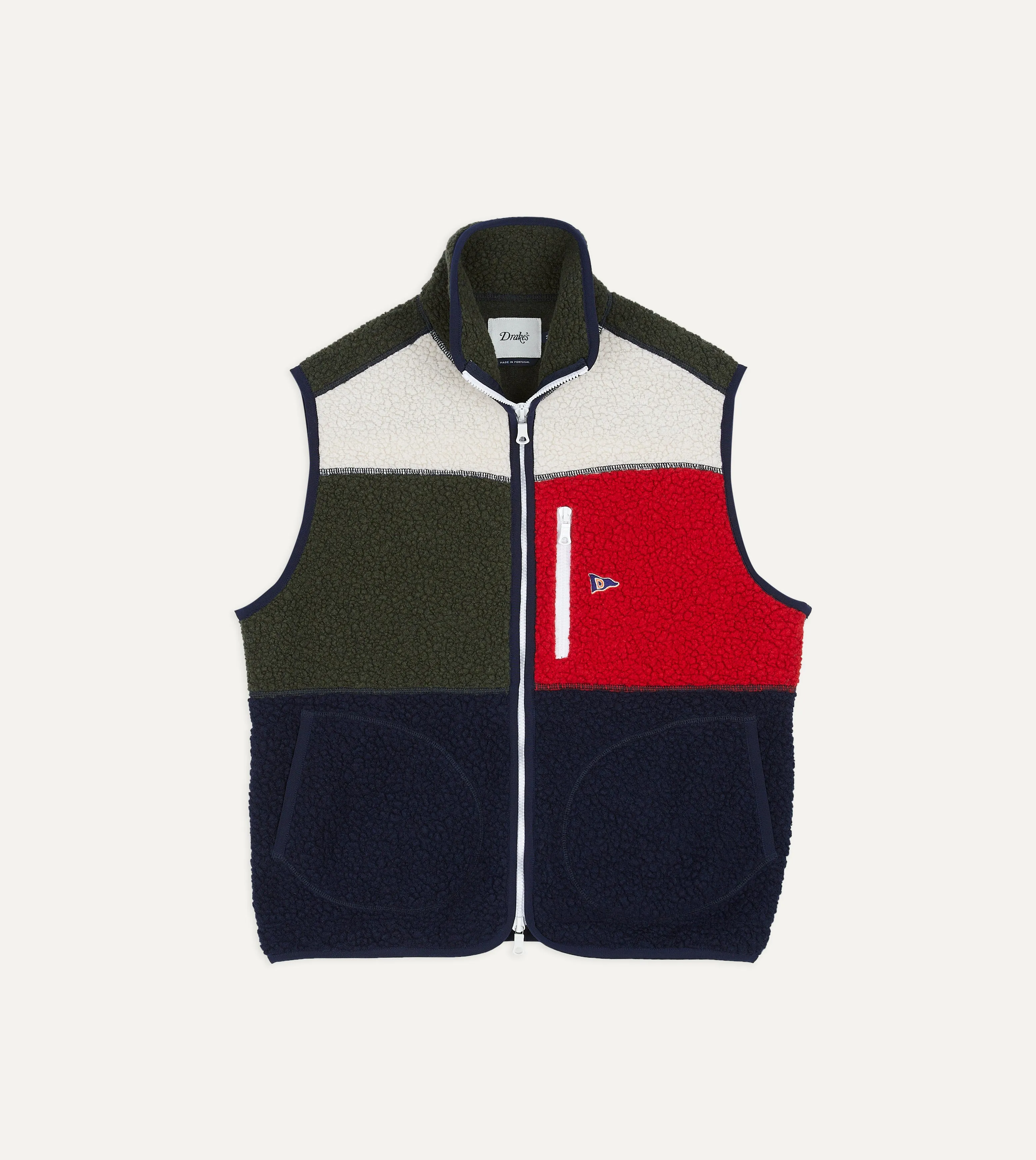 Ecru, Green and Navy Boucle Wool Zip Fleece Vest