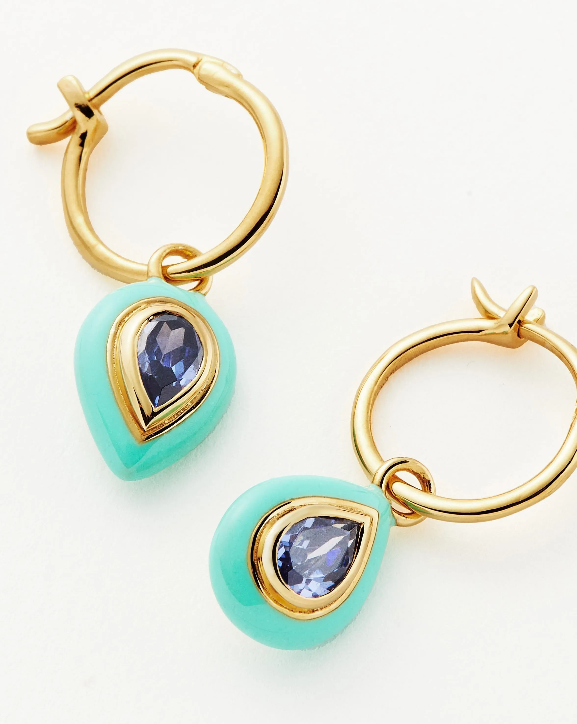 Enamel & Stone Droplet Charm Mini Hoop Earrings | 18ct Gold Plated Vermeil/Blue Cubic Zirconia