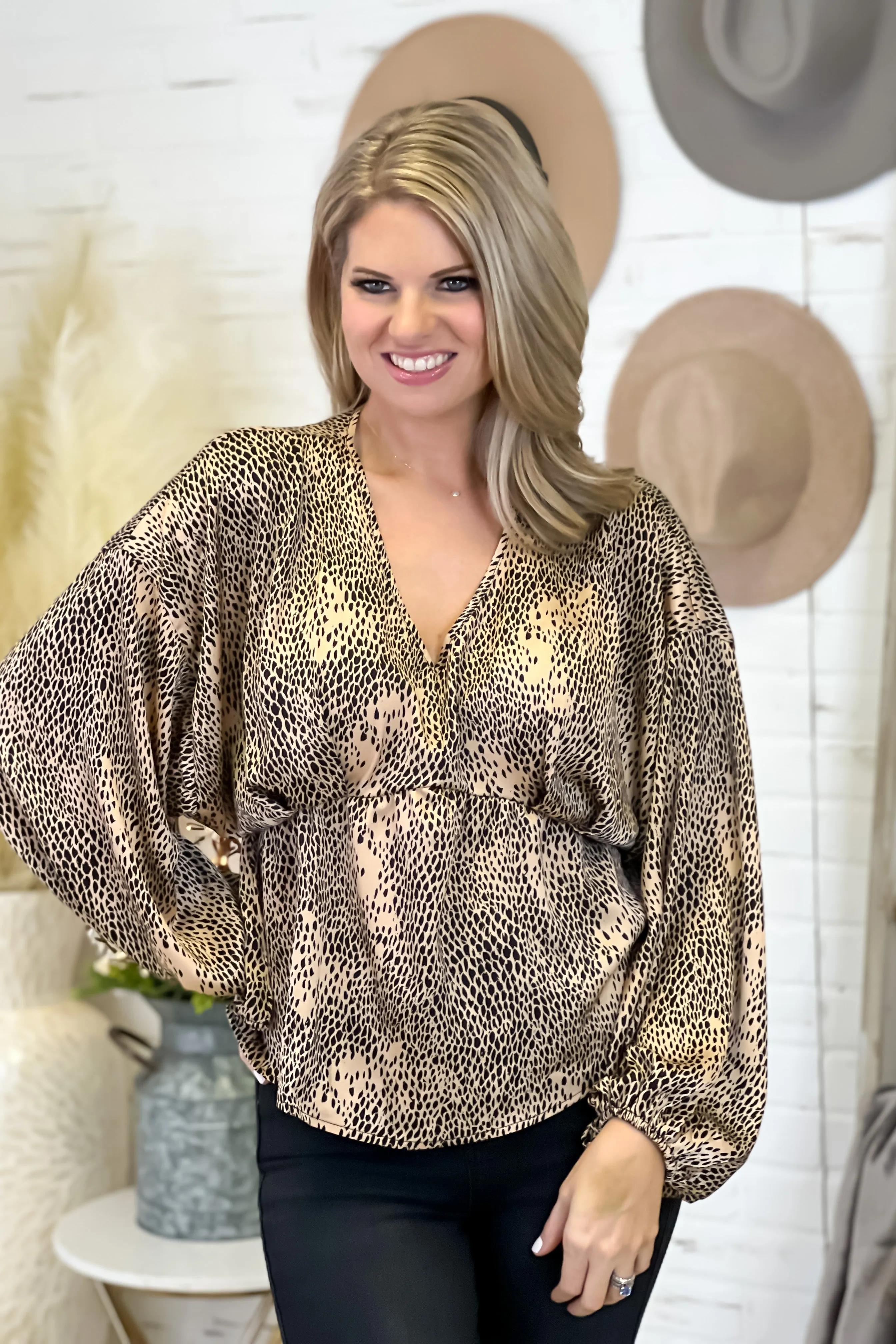 Festive Feels Printed Bubble Sleeve Peplum Blouse : Tan/Black