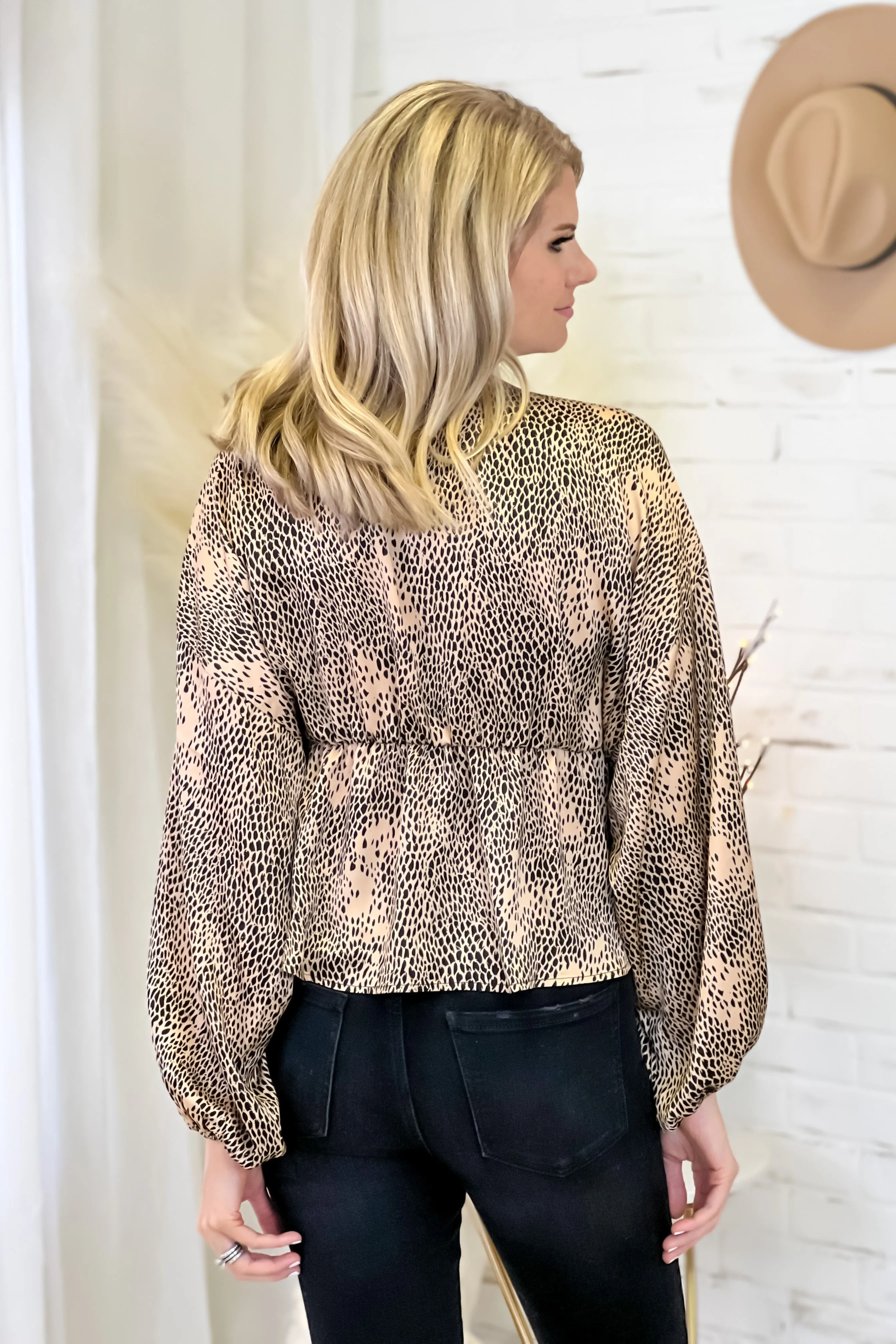 Festive Feels Printed Bubble Sleeve Peplum Blouse : Tan/Black