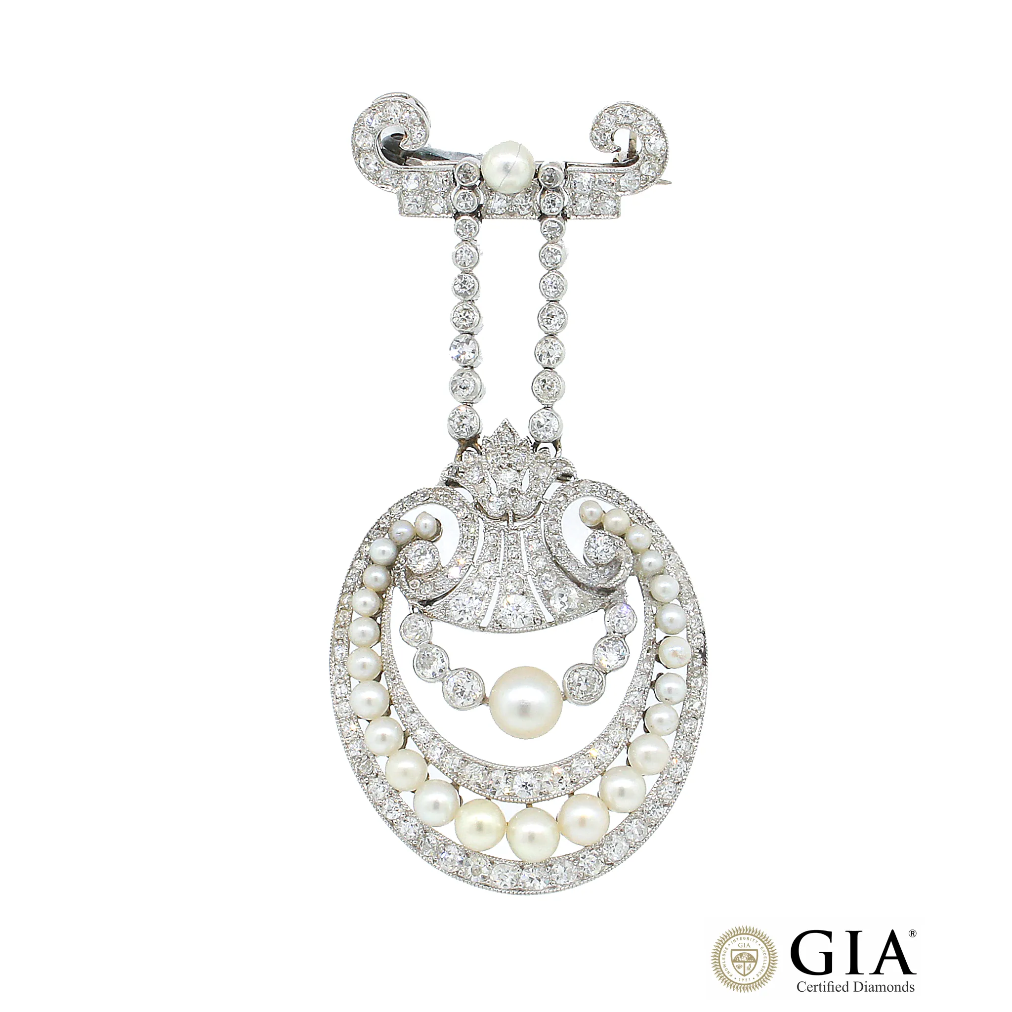 GIA Certified Natural Pearl and Diamond Platinum Brooch