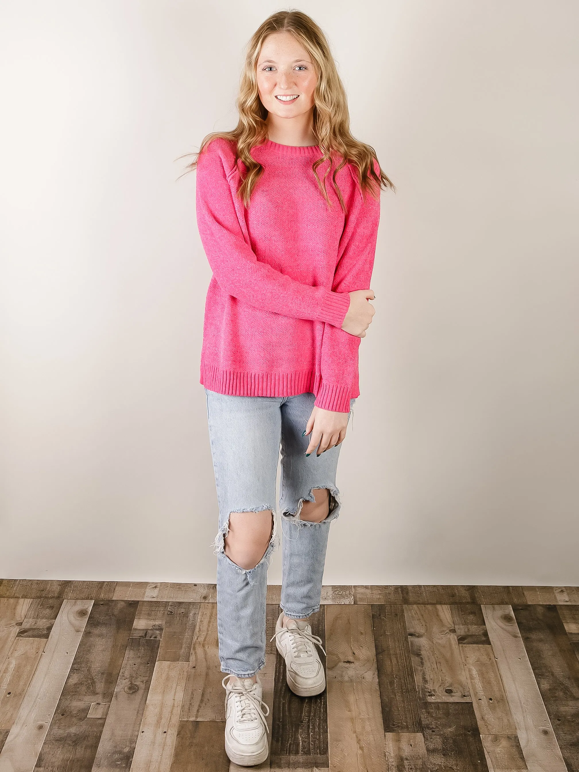 Hot Pink Raglan Chenille Sweater