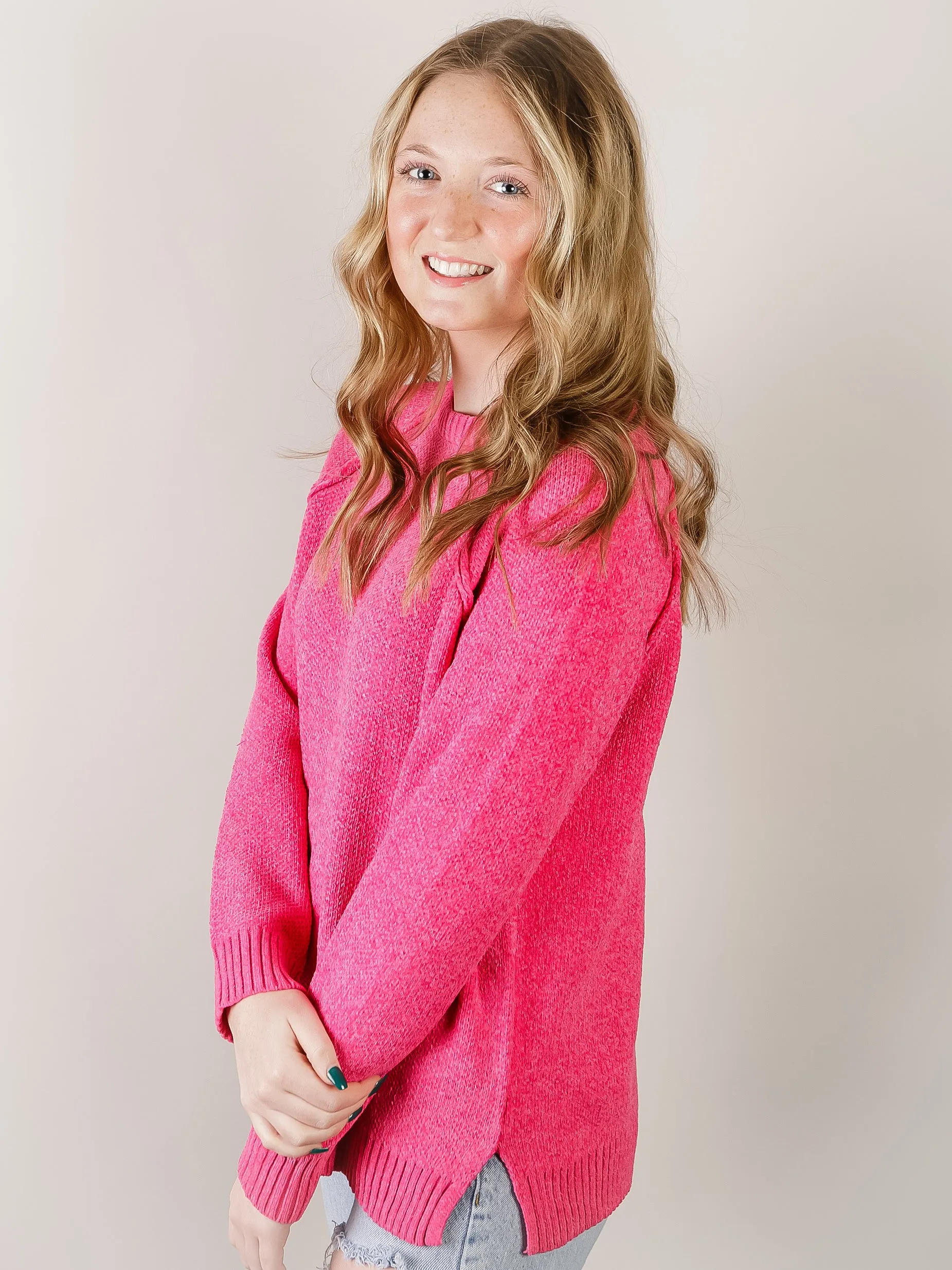 Hot Pink Raglan Chenille Sweater