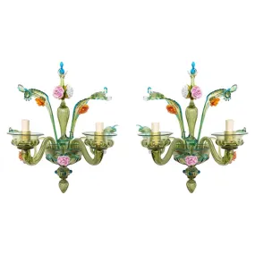 Italian Murano Floral Glass Sconces, Pr