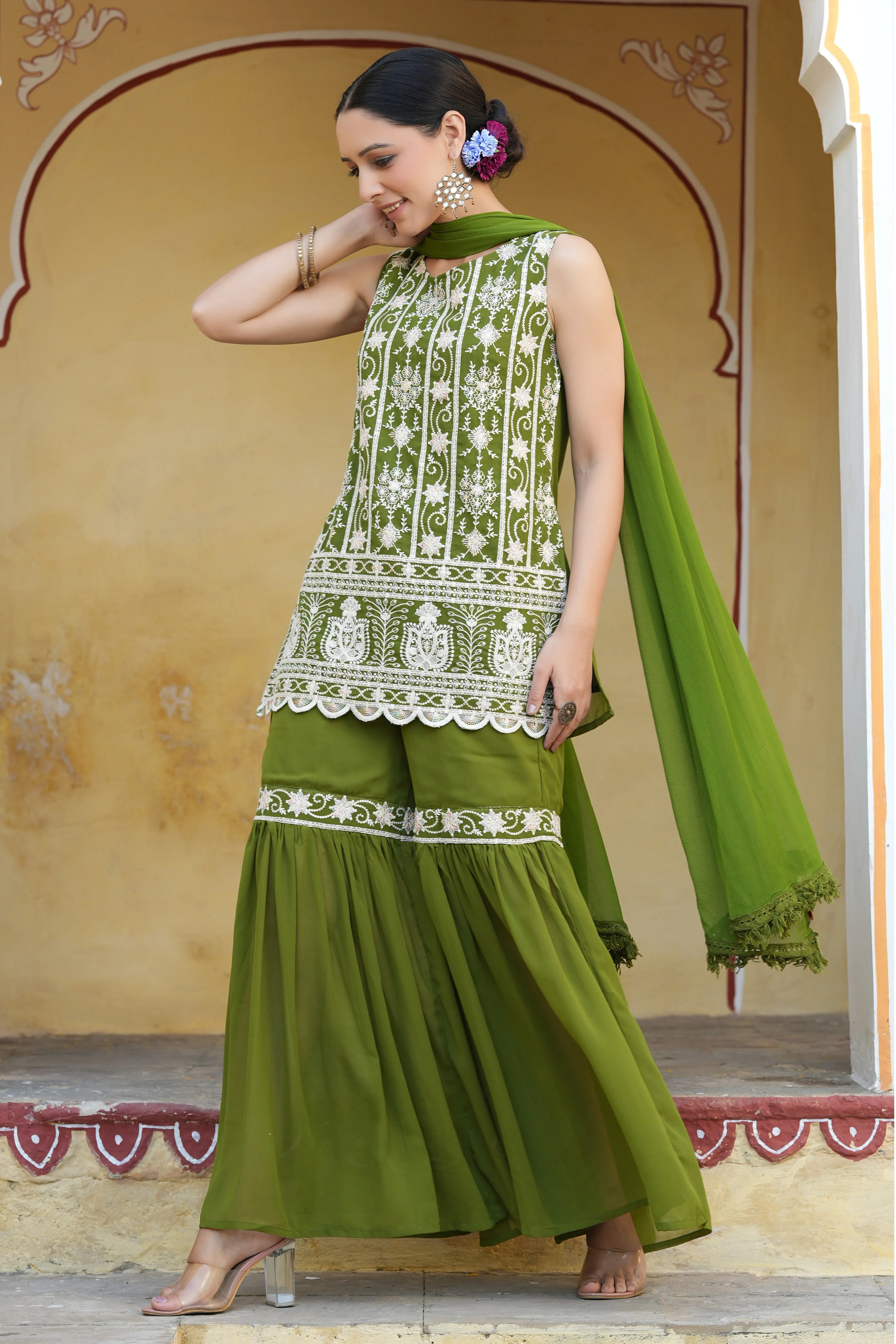 Juniper Mehendi Green Ethnic Motif Printed Georgette Kurta Sharara & Dupatta Set With Thread Work Embroidery