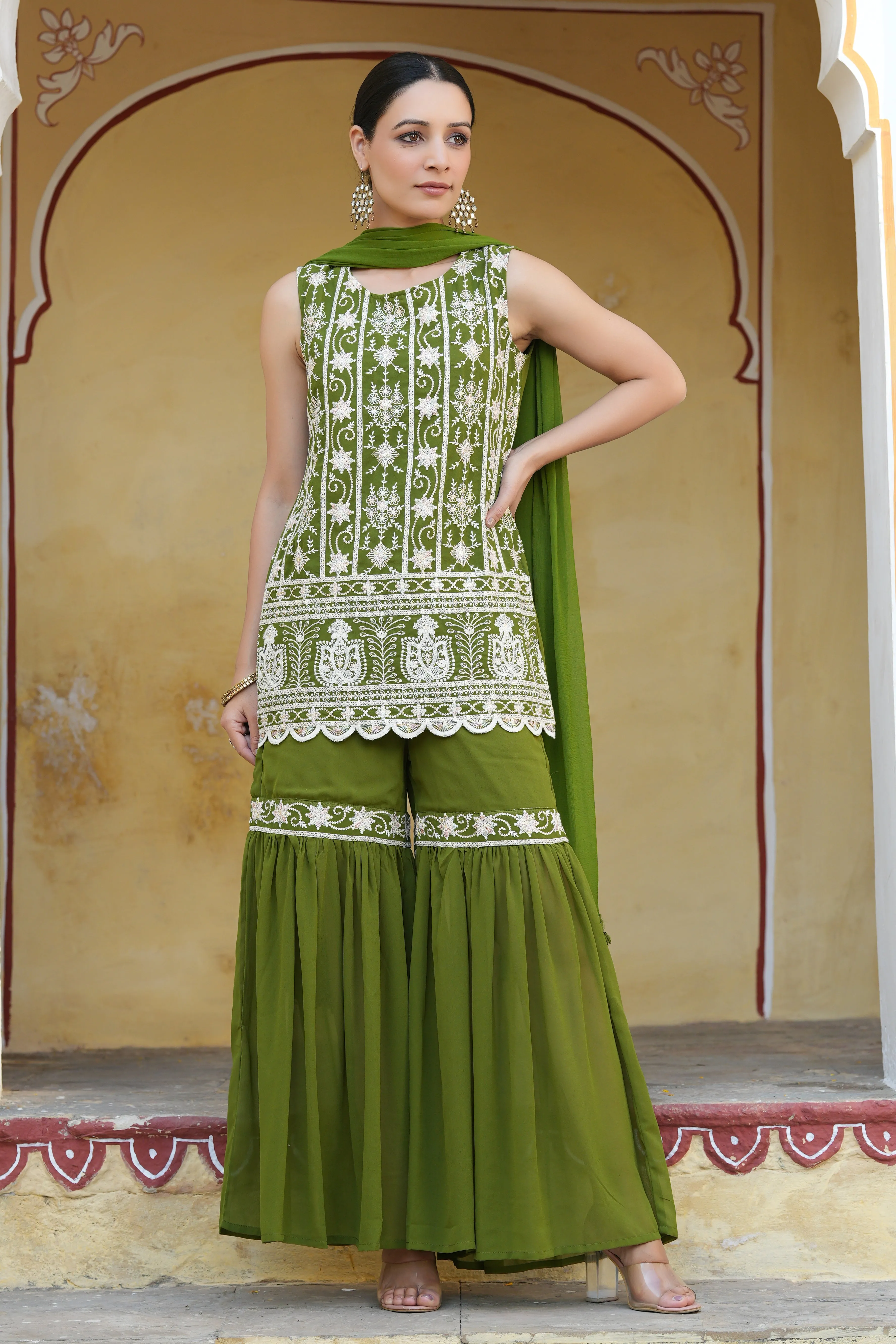 Juniper Mehendi Green Ethnic Motif Printed Georgette Kurta Sharara & Dupatta Set With Thread Work Embroidery