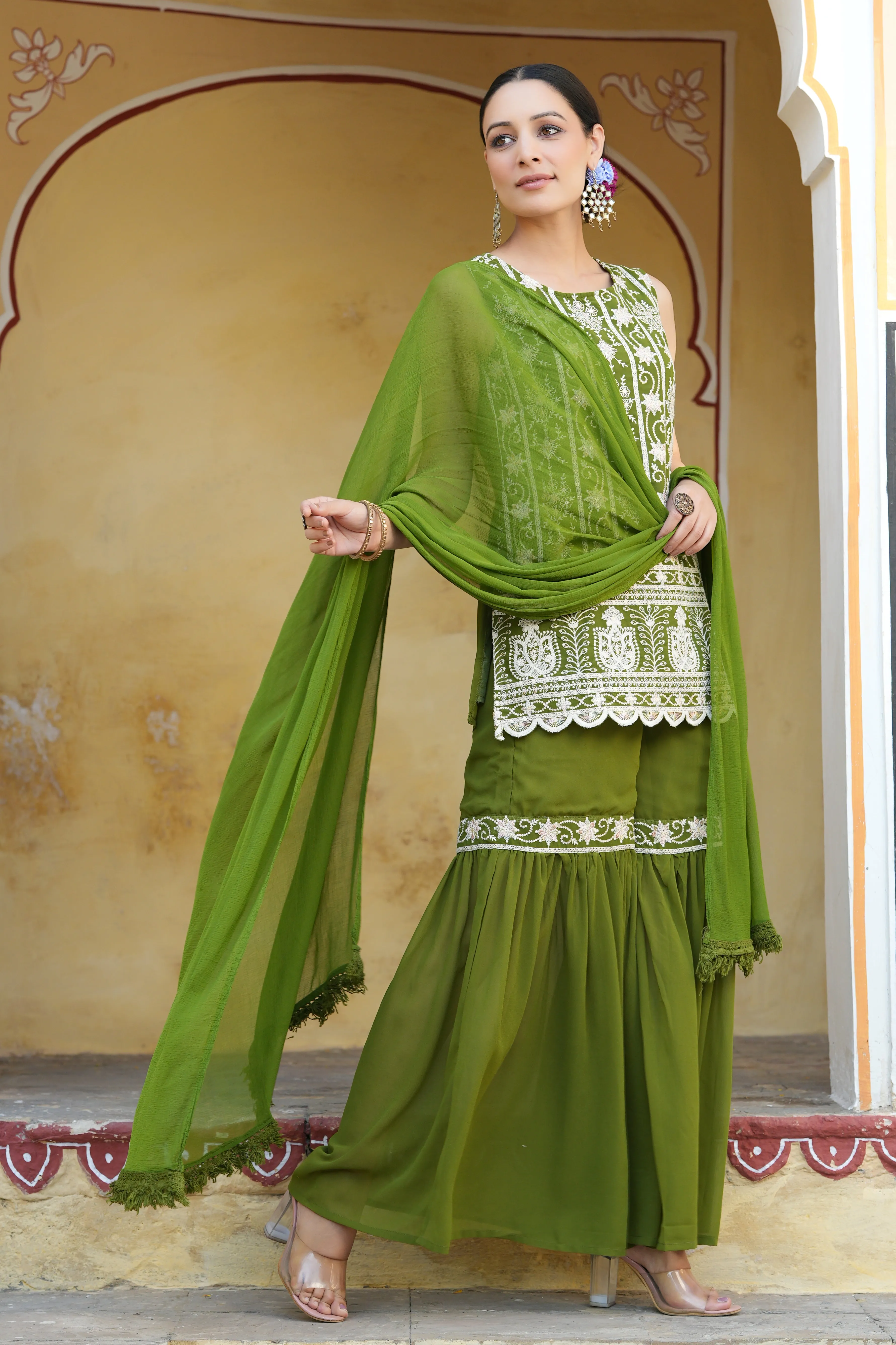 Juniper Mehendi Green Ethnic Motif Printed Georgette Kurta Sharara & Dupatta Set With Thread Work Embroidery