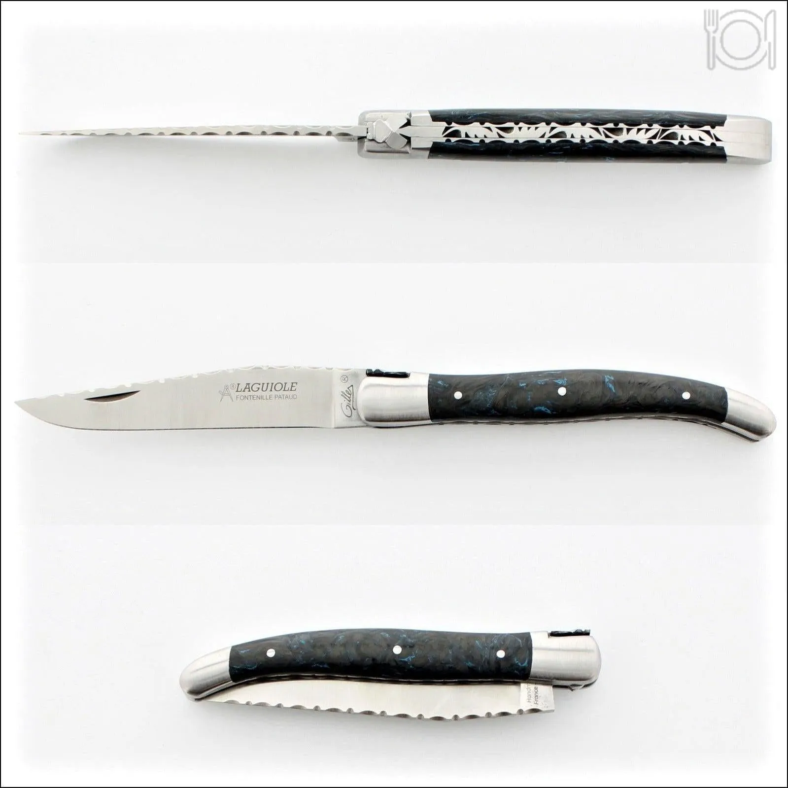 Laguiole Traditional Knife 12 cm Guilloche Blue Dark Matter