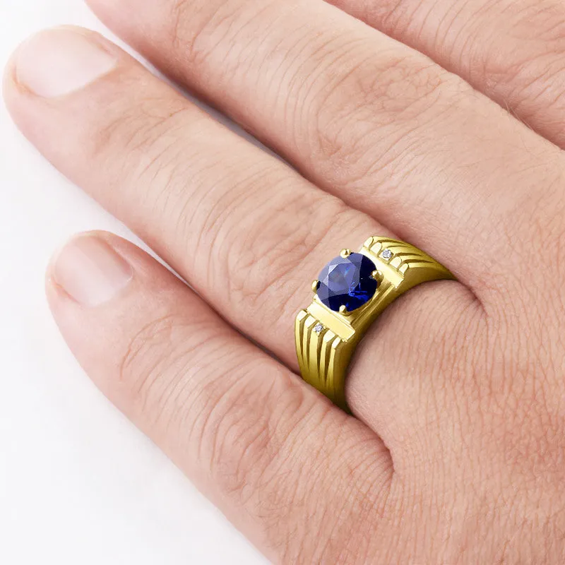 Men's Ring with Blue Sapphire and Natural Diamonds in 10k Yellow Gold