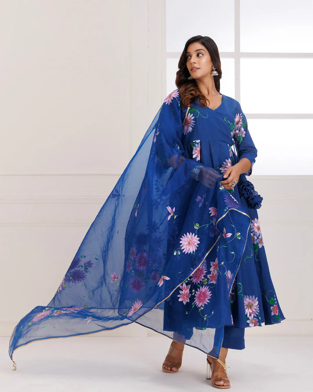 Rangreza Blue HandPainted Anarkali Suit Set - Set of 3