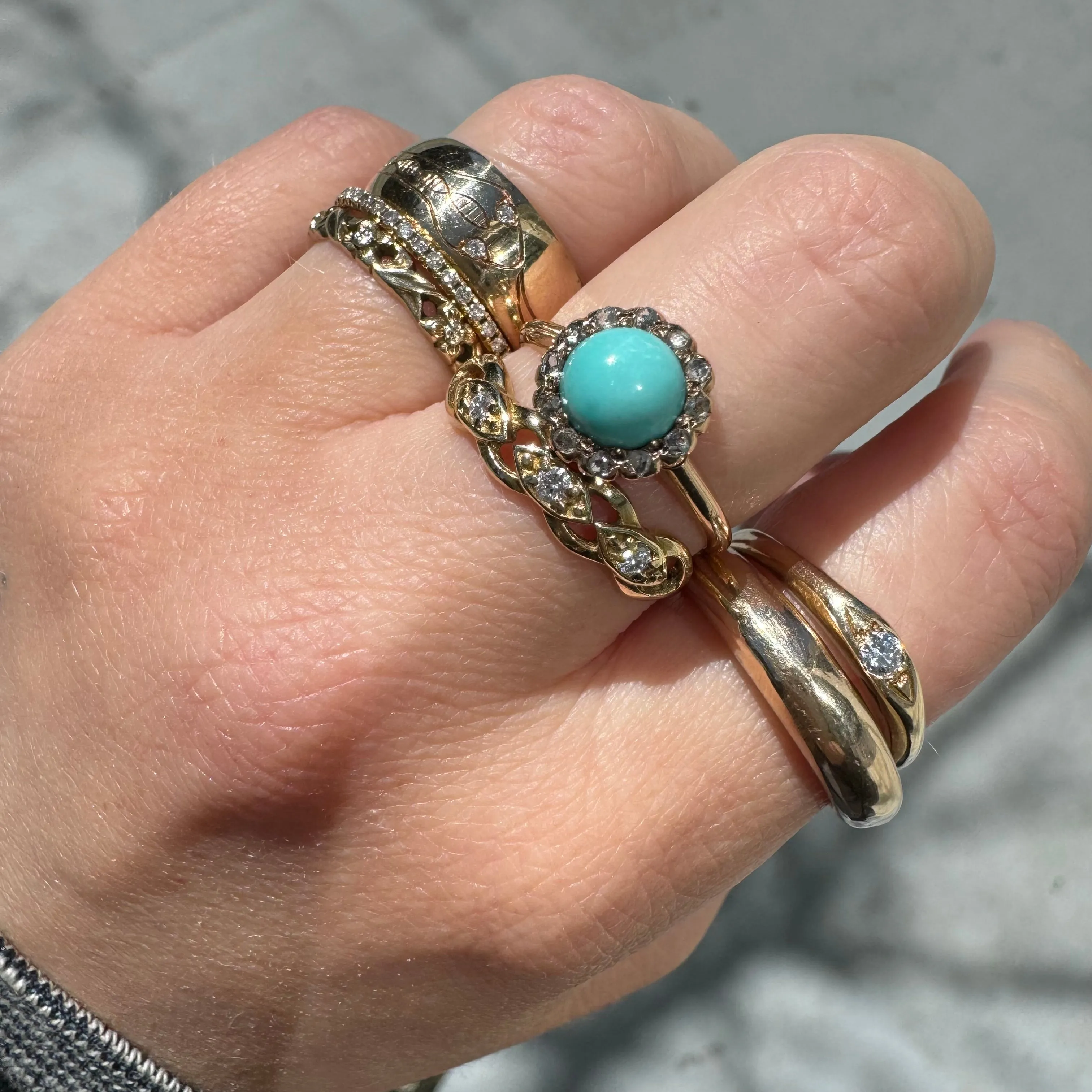 re-worked A N T I Q U E // turquoise daisy halo / 10k victorian gold with rose cut grey diamonds and turquoise / size 6