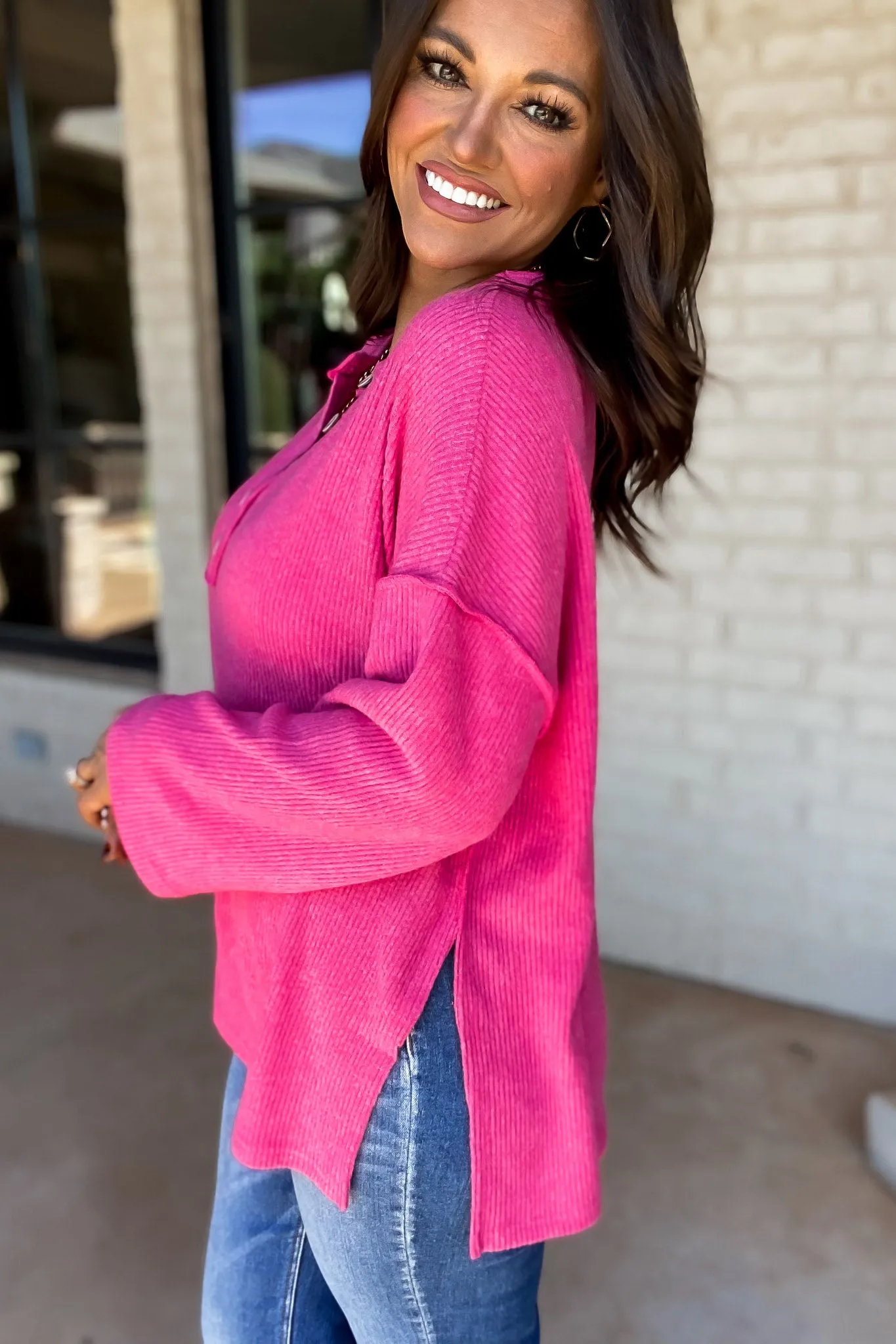 Ready For Anything Fuchsia Ribbed Brushed Henley Sweater