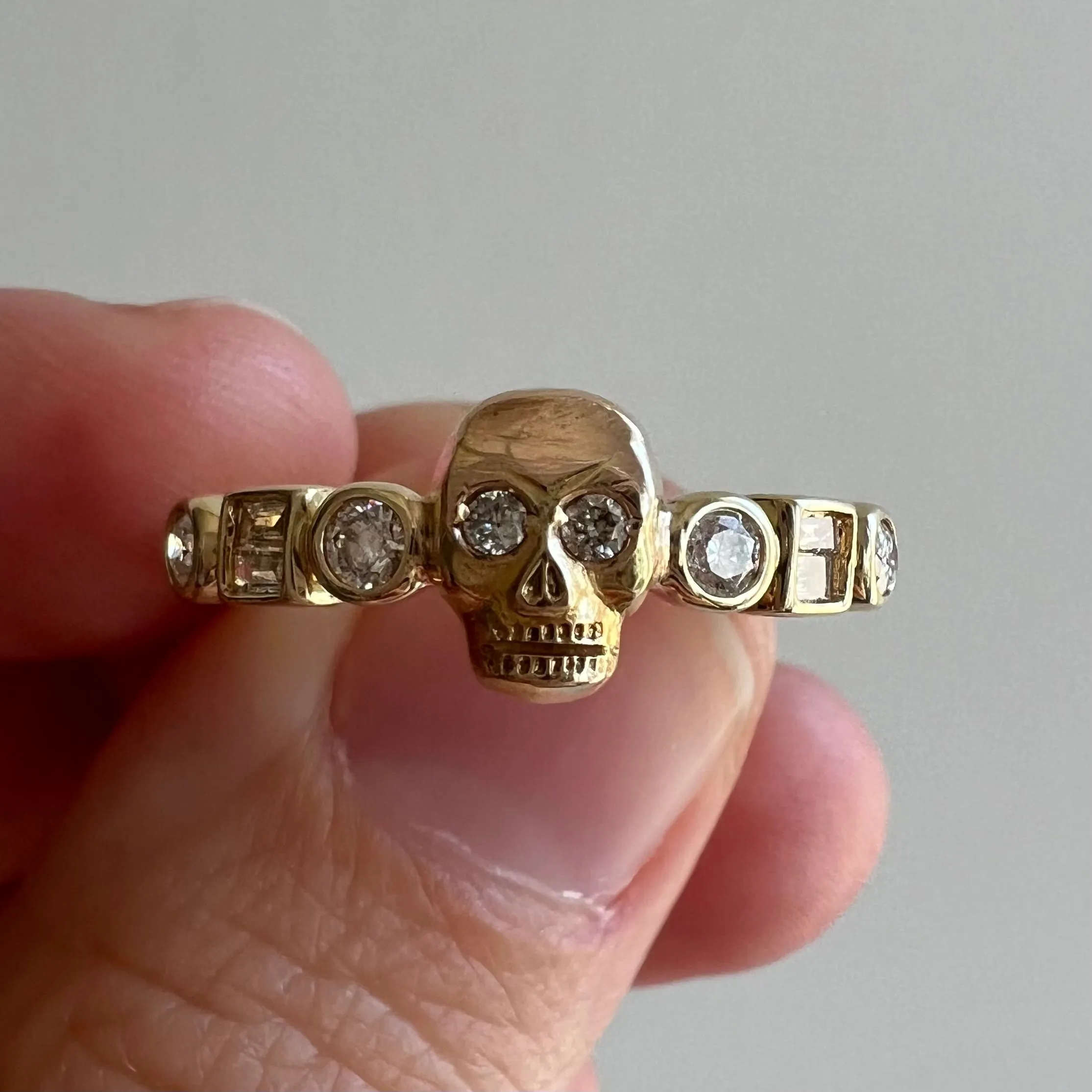 reimagined V I N T A G E // sparkle spooky / solid 14k yellow gold and diamond fraternal skull pin conversion ring / size 5.5