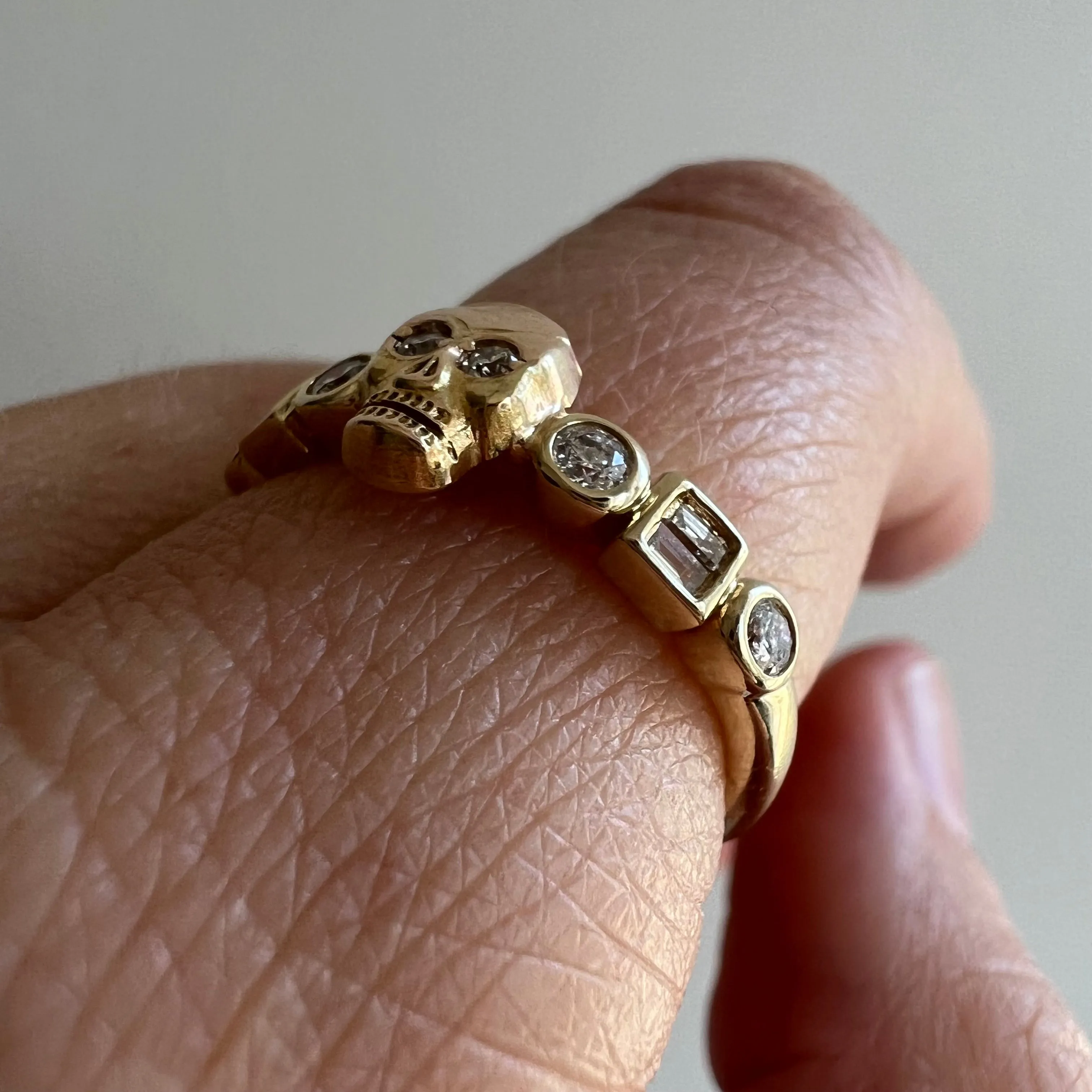 reimagined V I N T A G E // sparkle spooky / solid 14k yellow gold and diamond fraternal skull pin conversion ring / size 5.5