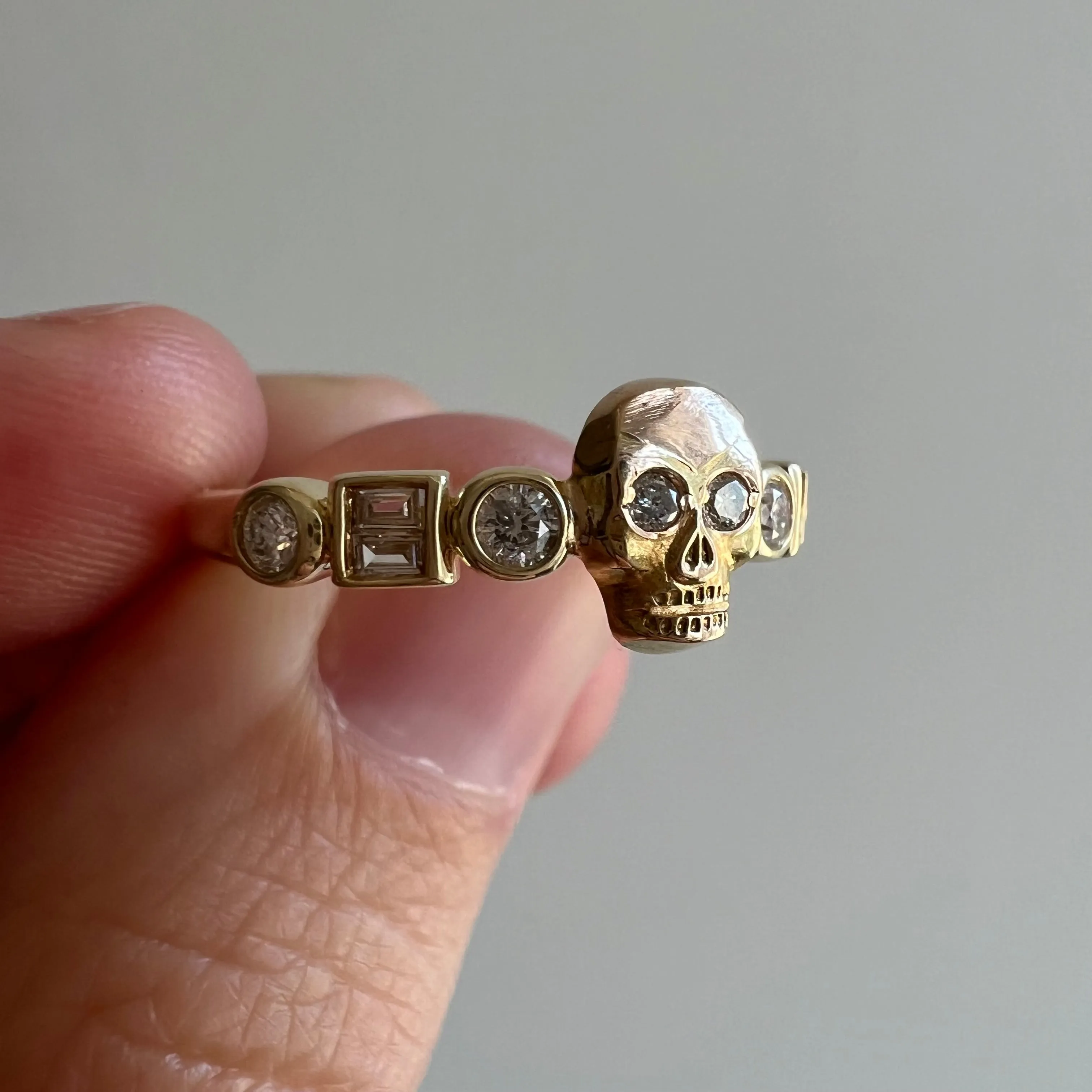 reimagined V I N T A G E // sparkle spooky / solid 14k yellow gold and diamond fraternal skull pin conversion ring / size 5.5