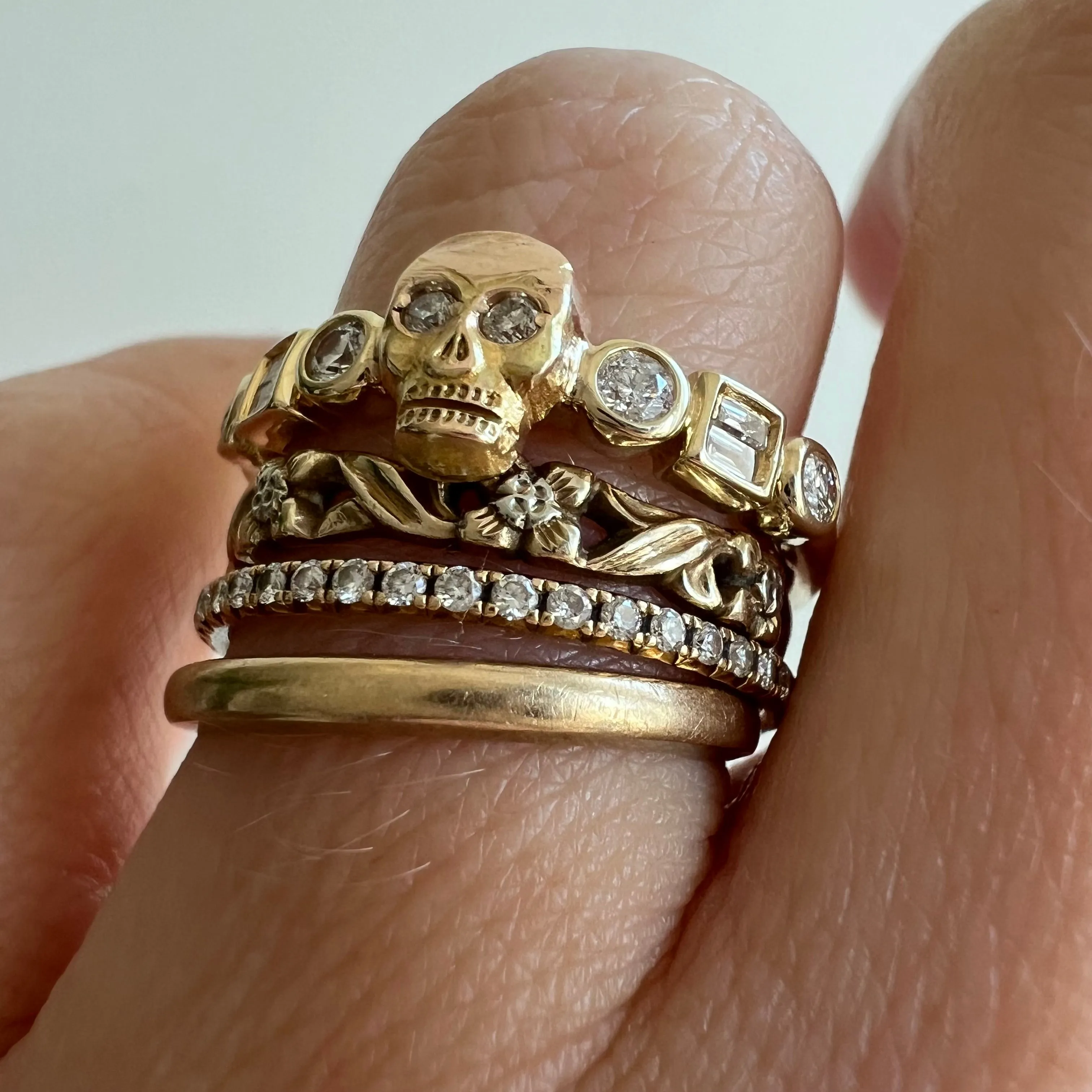 reimagined V I N T A G E // sparkle spooky / solid 14k yellow gold and diamond fraternal skull pin conversion ring / size 5.5