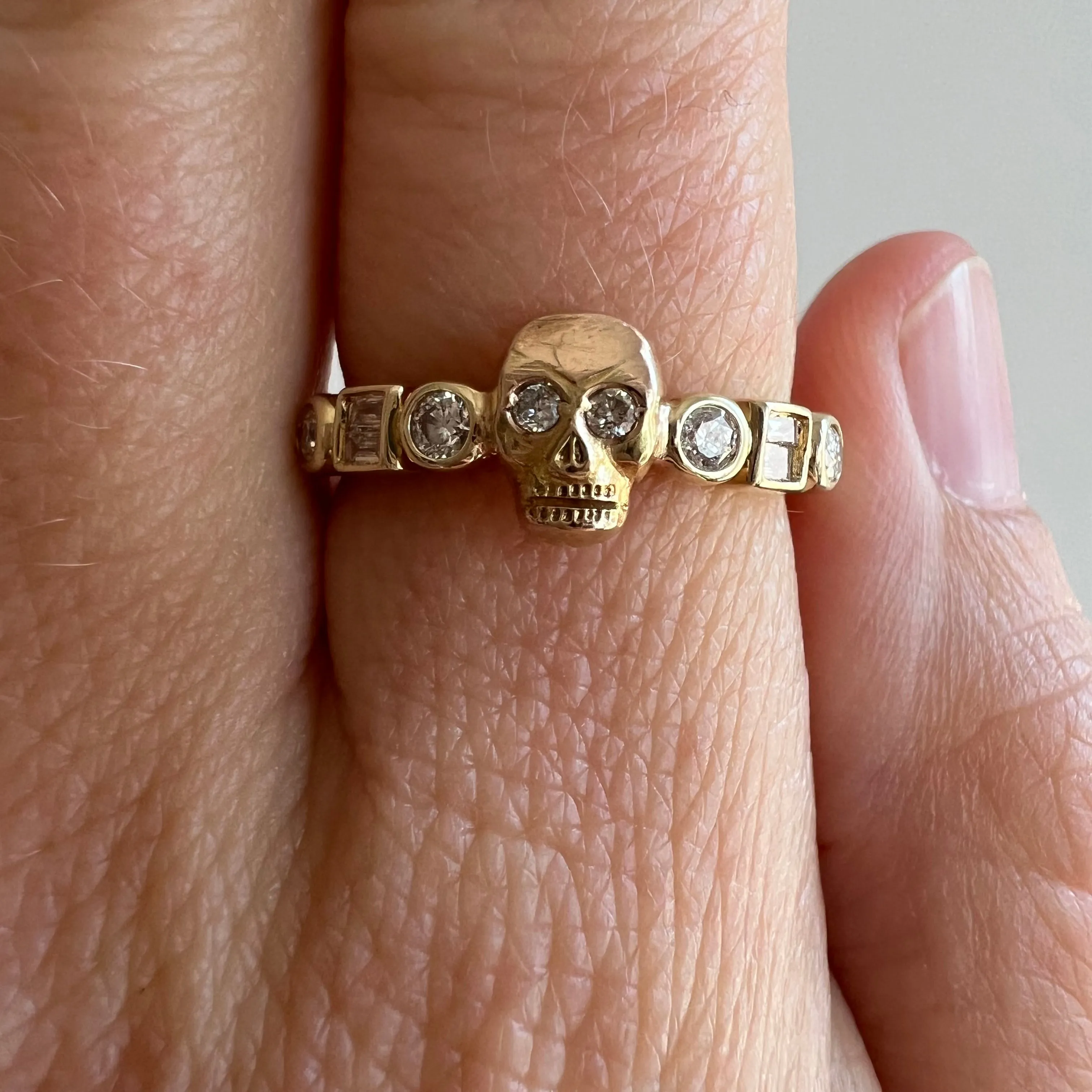 reimagined V I N T A G E // sparkle spooky / solid 14k yellow gold and diamond fraternal skull pin conversion ring / size 5.5