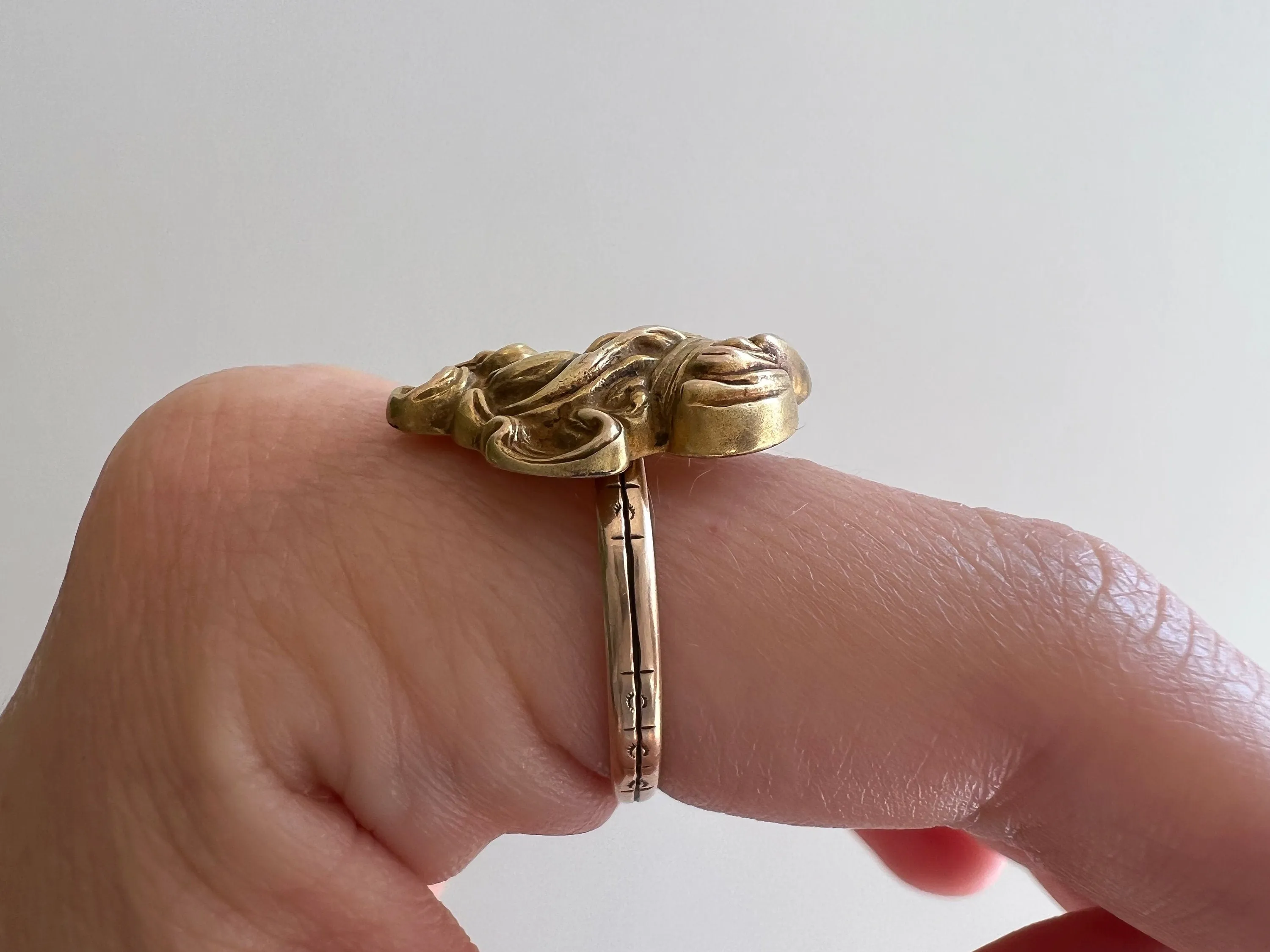 reimagined V I N T A G E // wondrous woman / 10k yellow gold art nouveau figural stick pin conversion / goddess ring / size 8 to 8.25