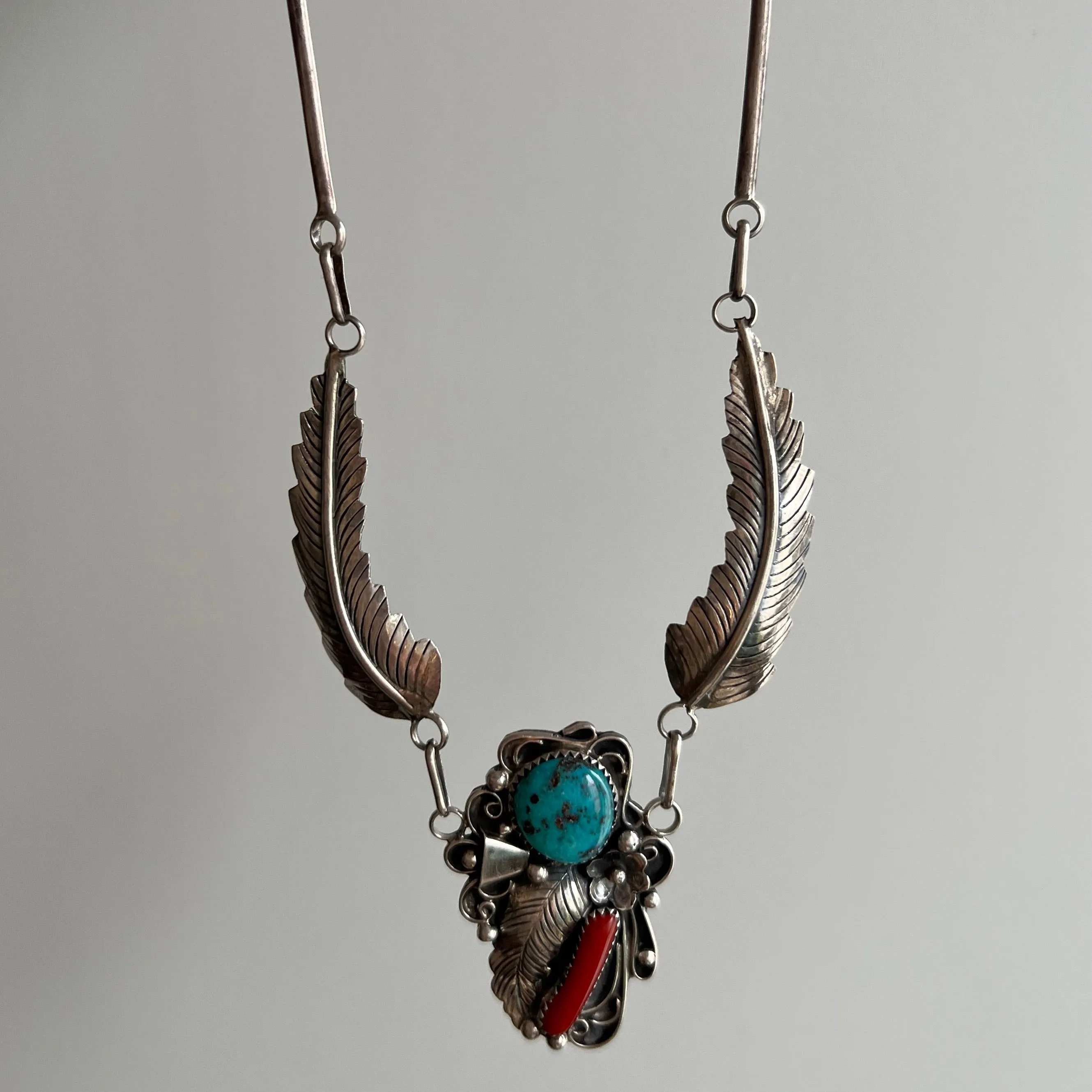 V I N T A G E // Angela's feathers / sterling silver artisan necklace by Angela Lee / turquoise and coral