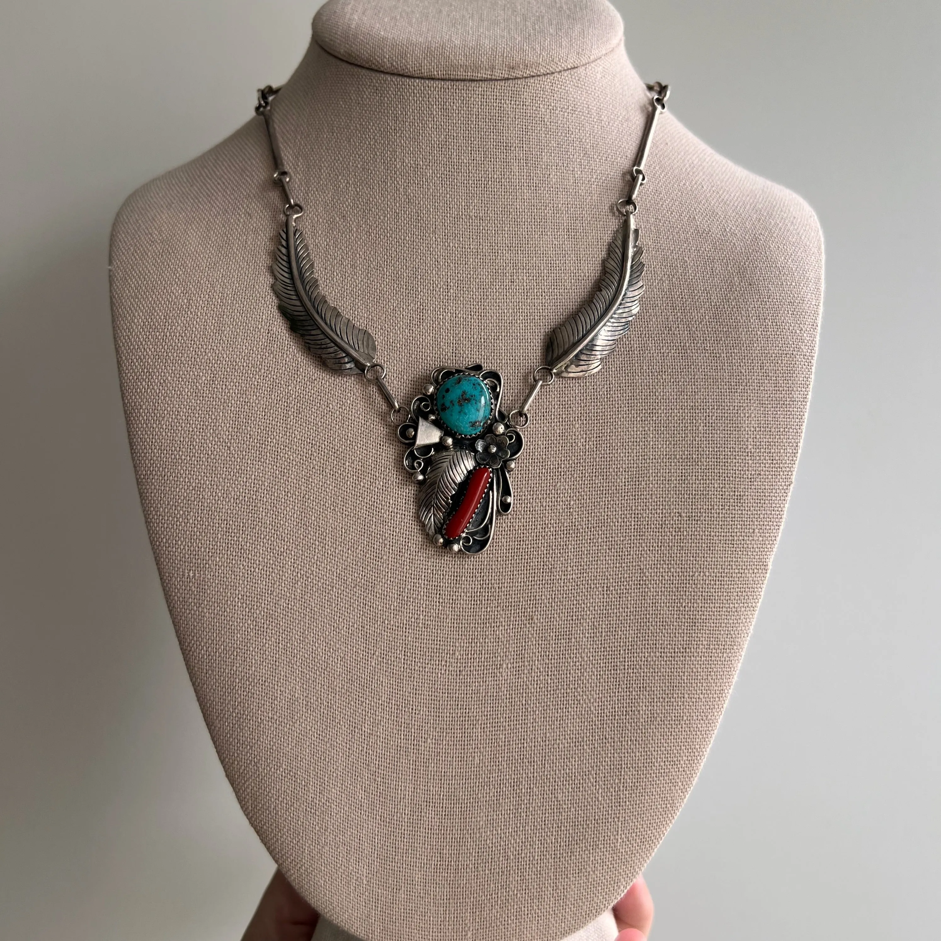 V I N T A G E // Angela's feathers / sterling silver artisan necklace by Angela Lee / turquoise and coral