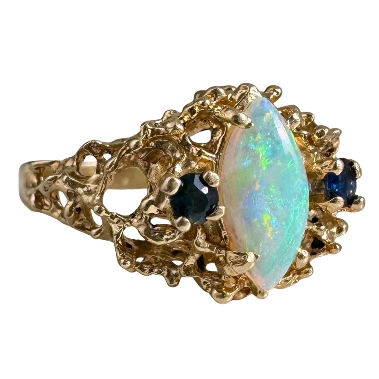 V I N T A G E // the mermaid's ring / 14k brutalist setting with opal and blue stones / size 6.25