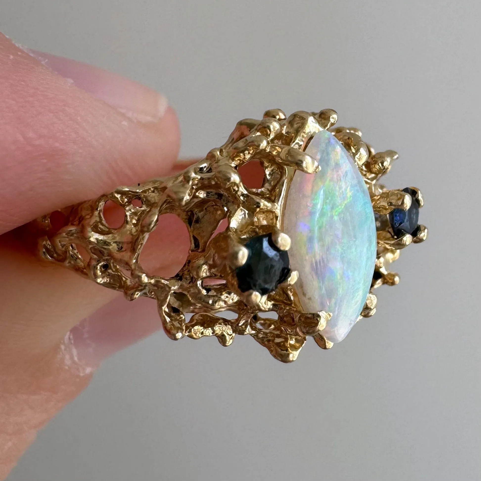 V I N T A G E // the mermaid's ring / 14k brutalist setting with opal and blue stones / size 6.25